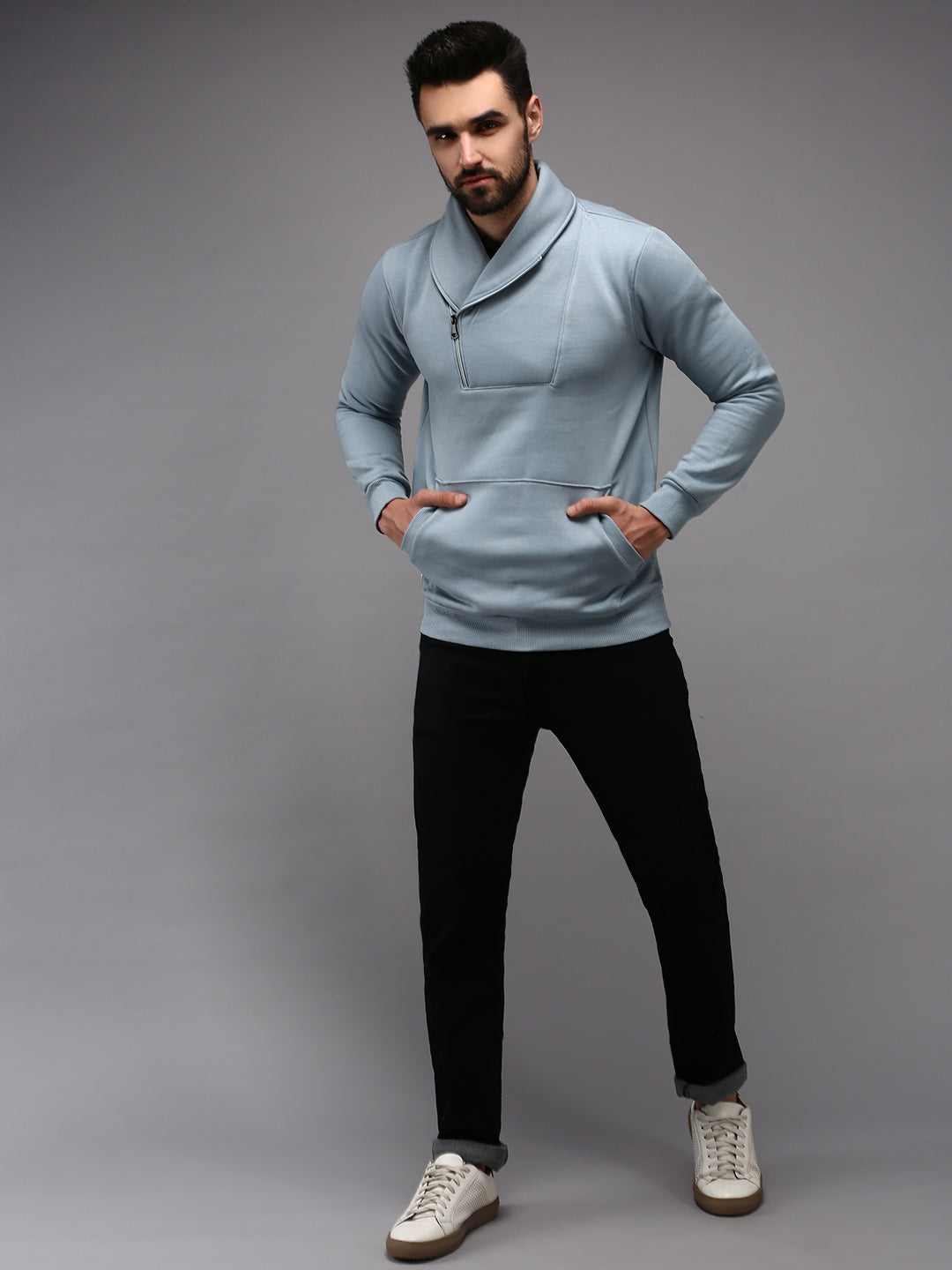 Men Collared Solid Blue Pullover