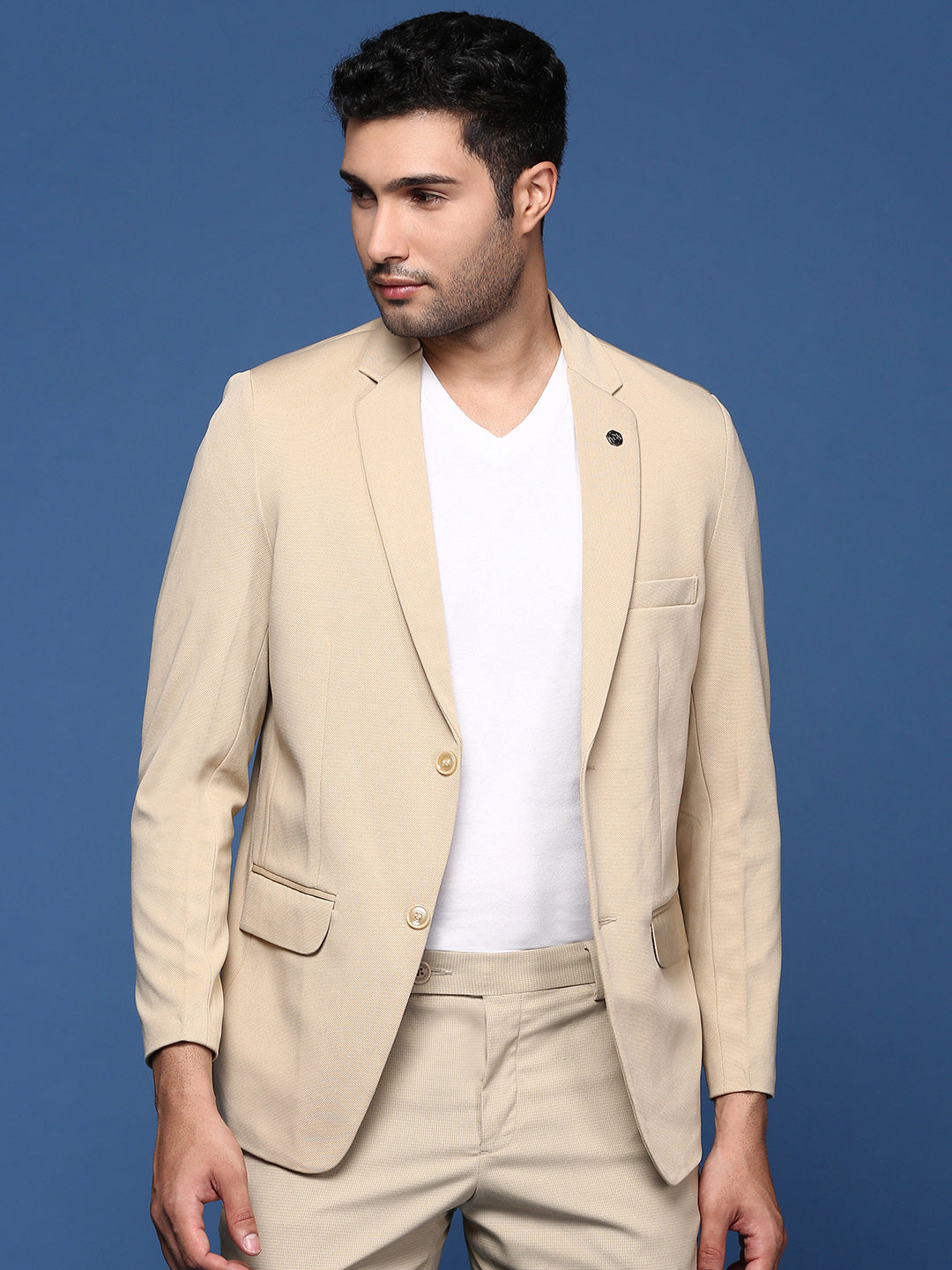 Men Beige Slim Fit Single Breasted Blazer