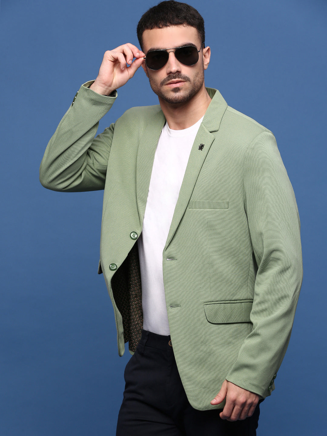 Men Green Slim Fit Single Breasted Blazer