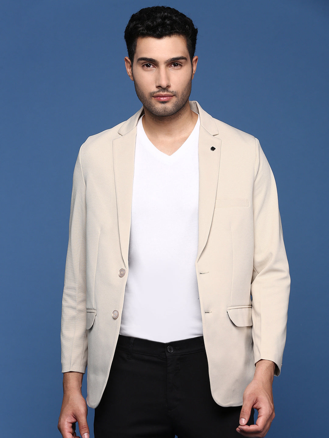 Men Cream Slim Fit Single Breasted Blazer