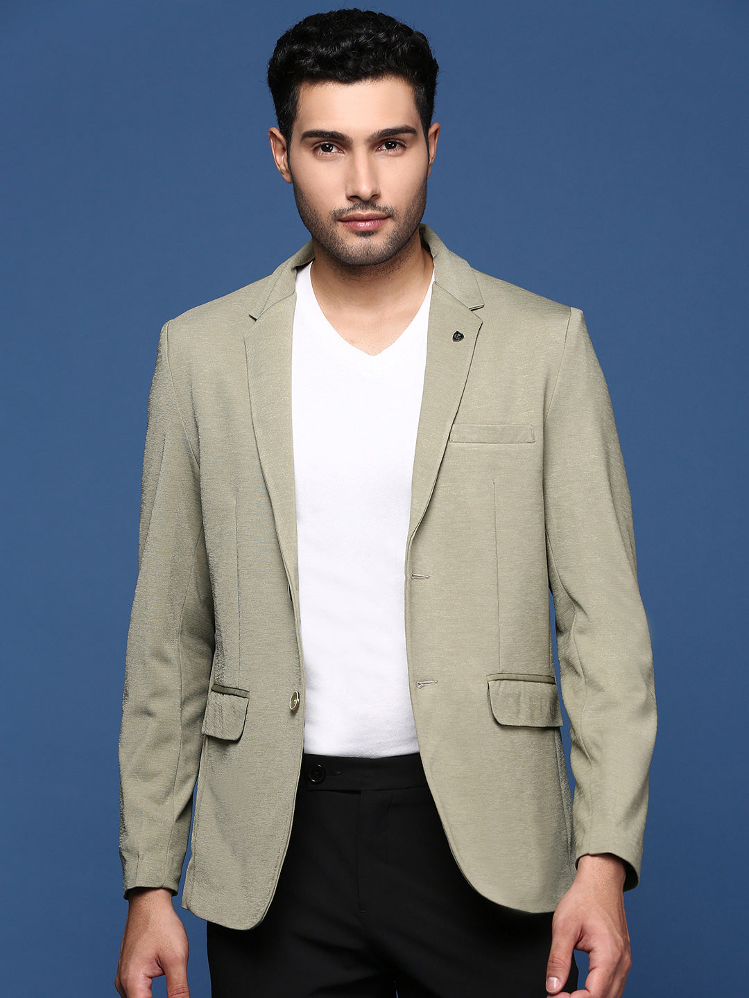 Men Green Slim Fit Single Breasted Blazer