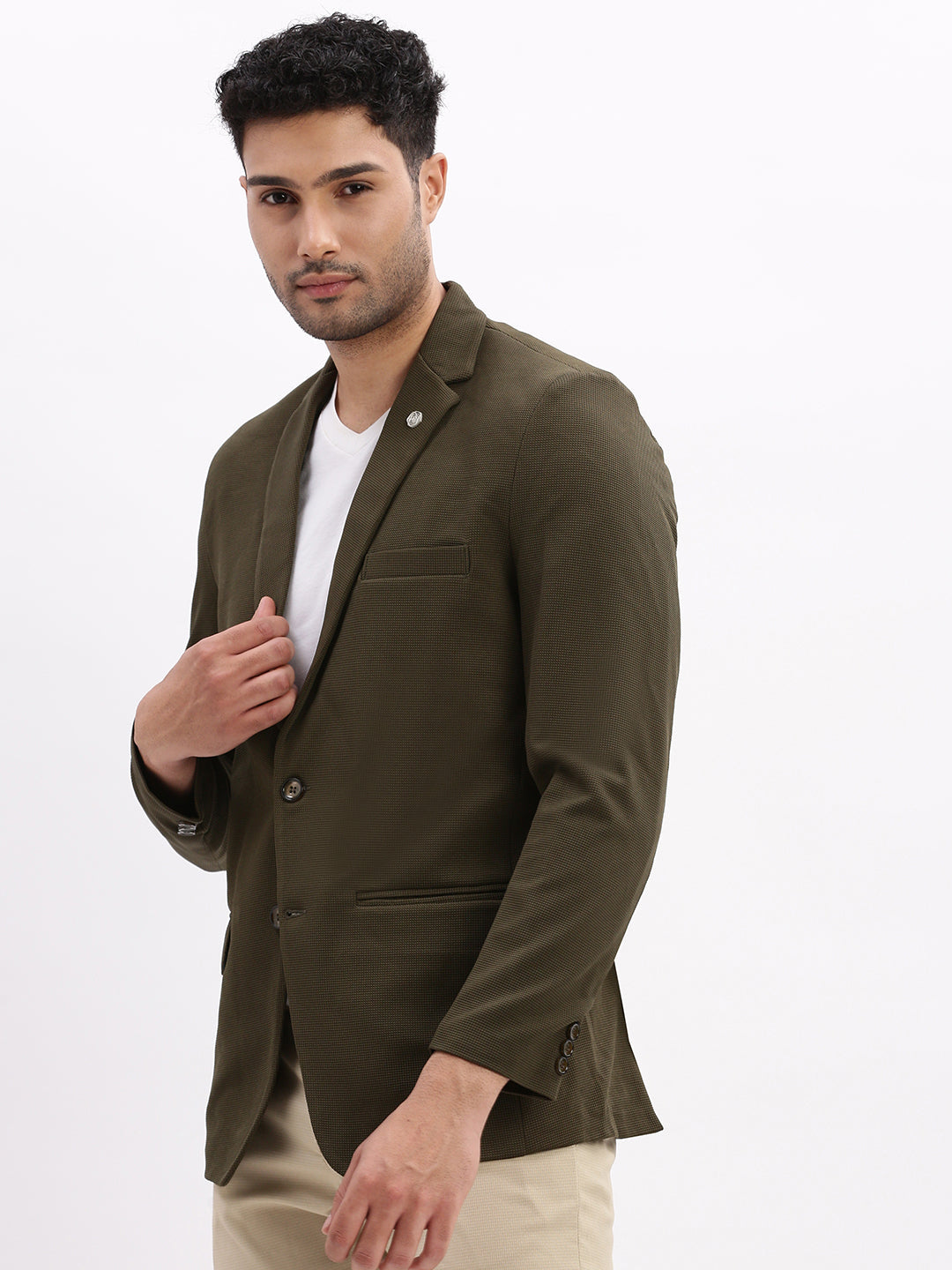 Men Solid Olive Single Breasted Blazer