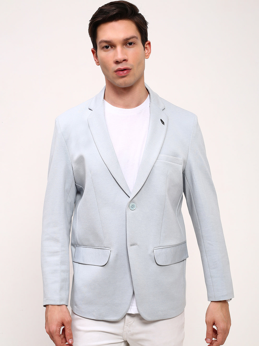 Men Blue Solid Single Breasted Blazer