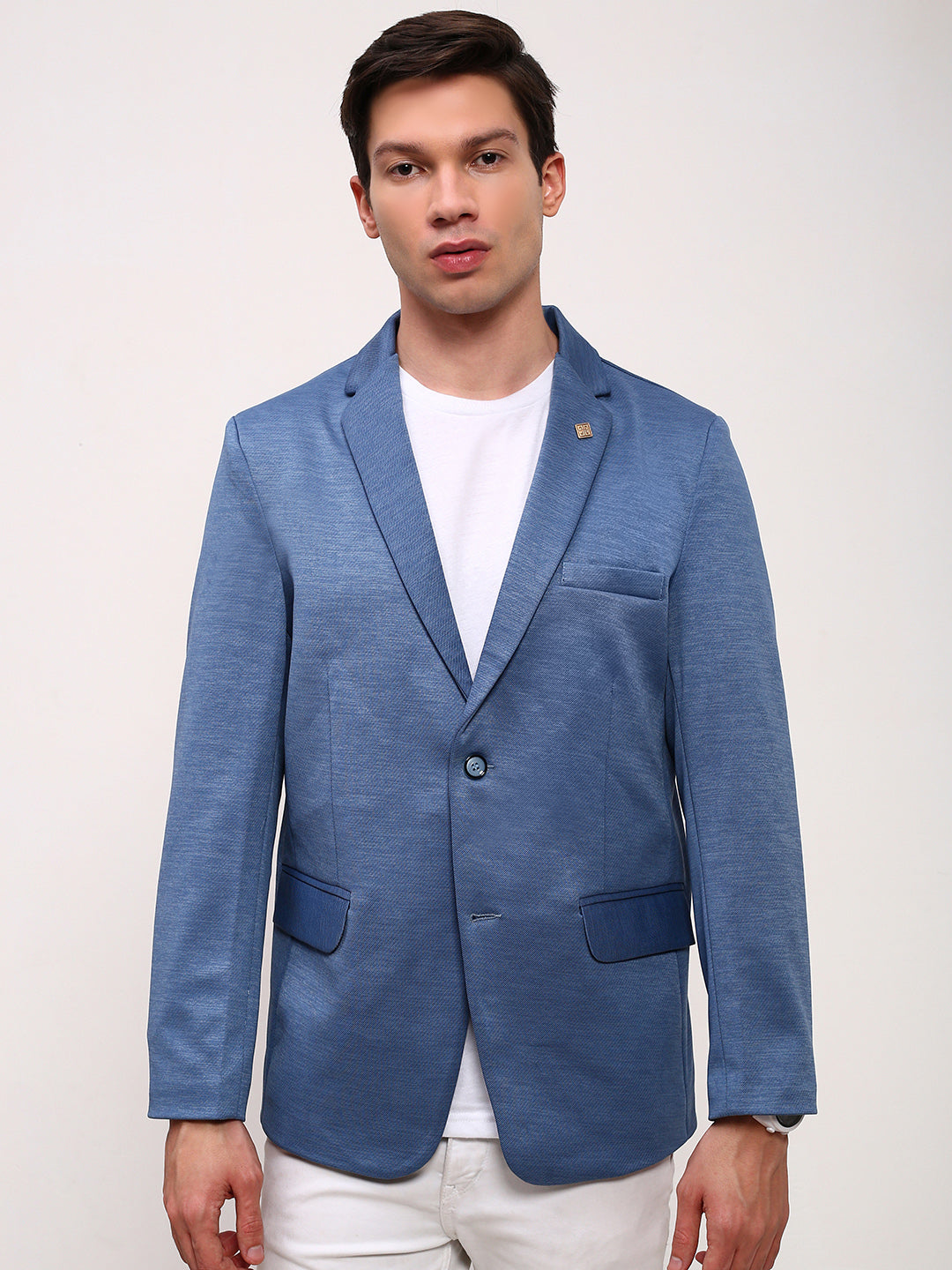 Men Blue Solid Single Breasted Blazer