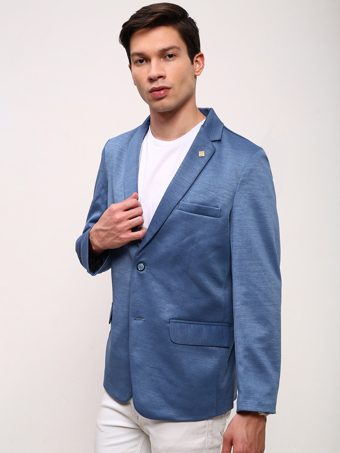 Men Blue Solid Single Breasted Blazer