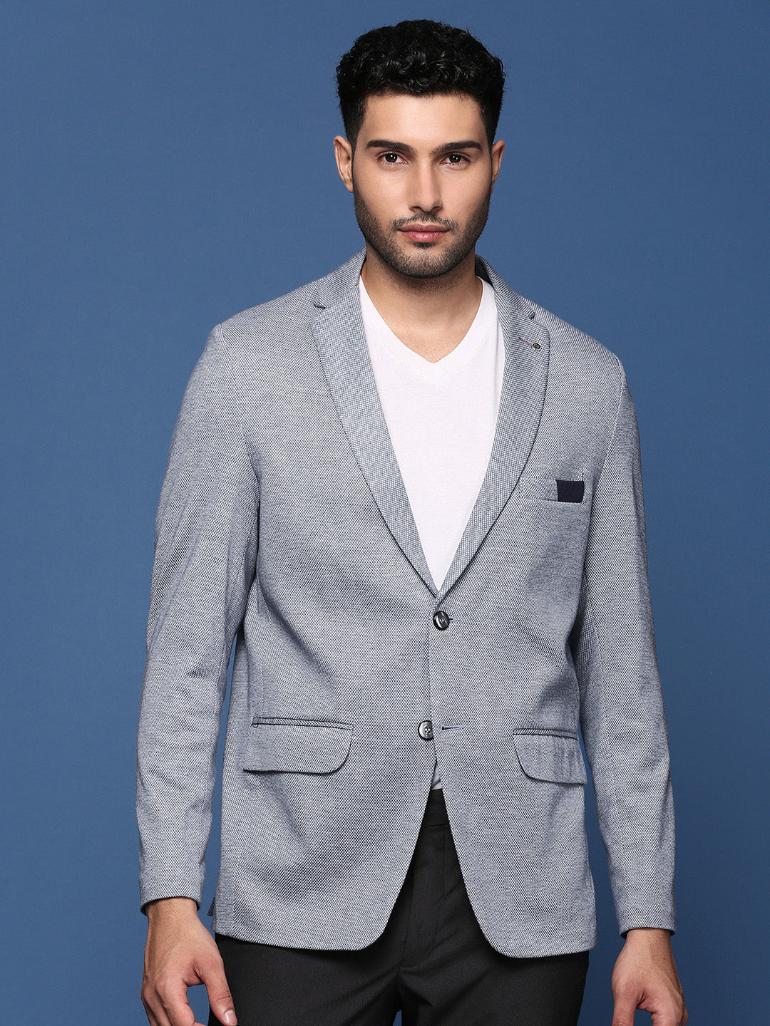 Men Blue Slim Fit Single Breasted Blazer