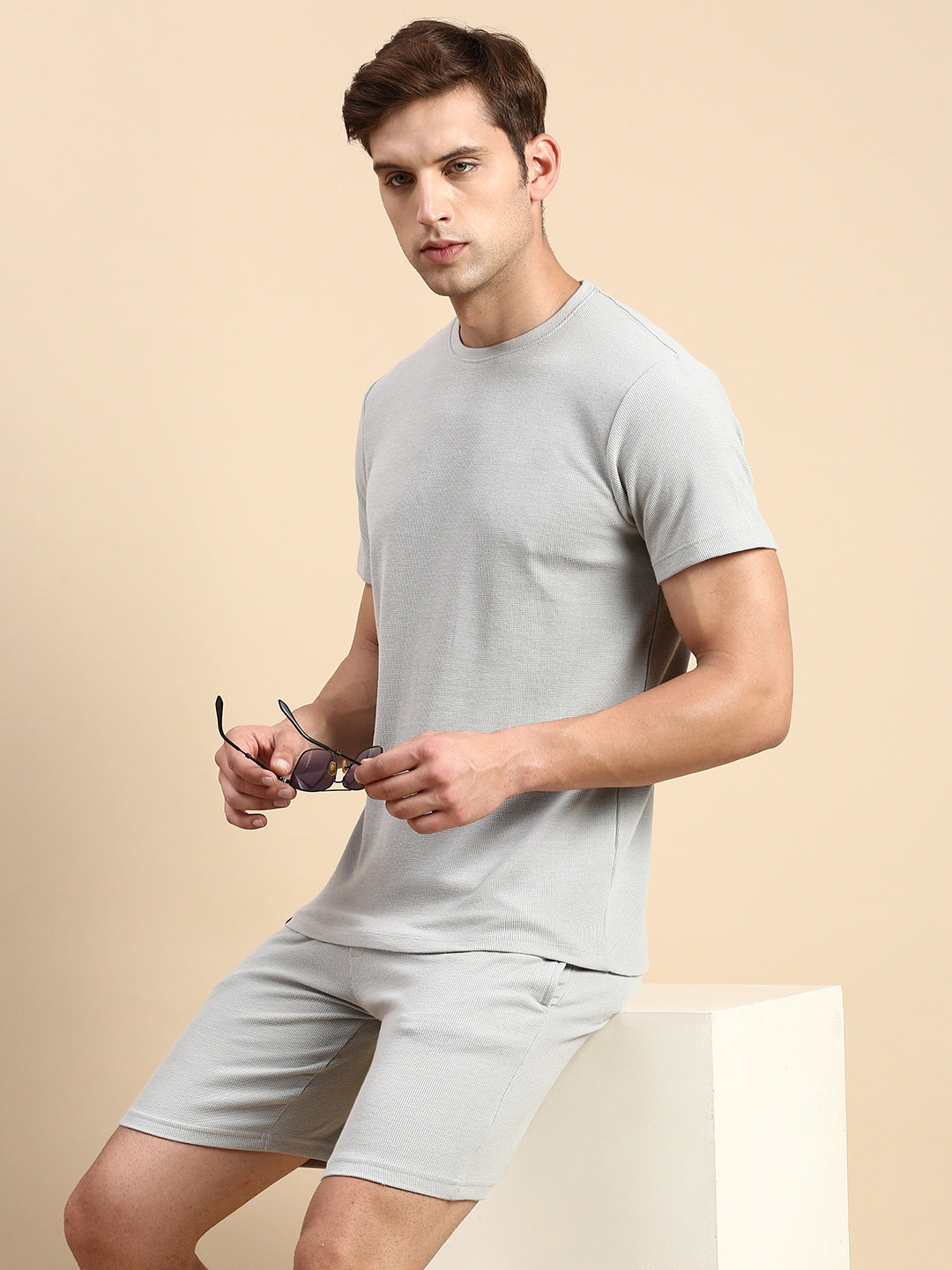 Men Round Neck Solid Grey Co-Ords Set