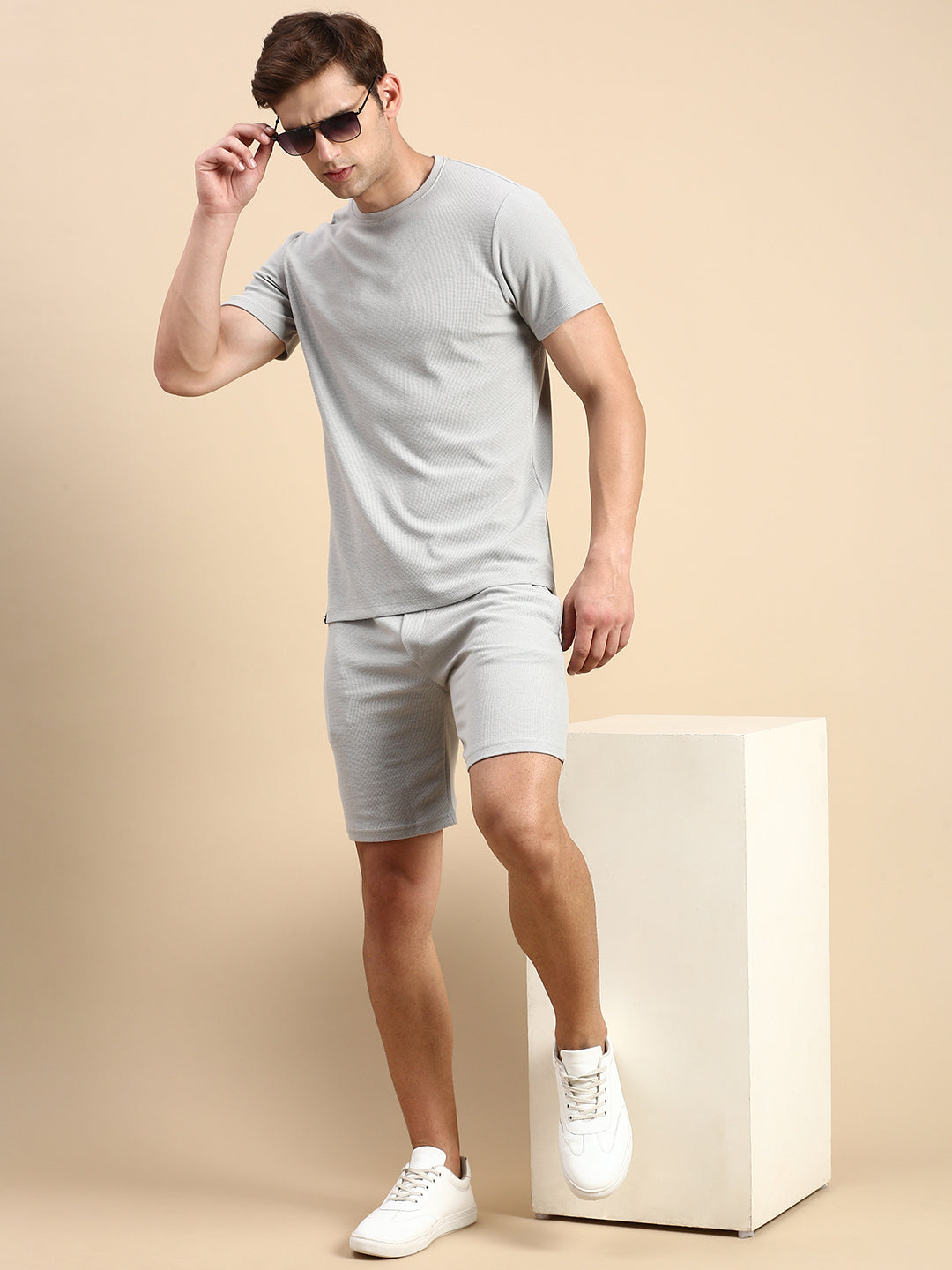 Men Round Neck Solid Grey Co-Ords Set