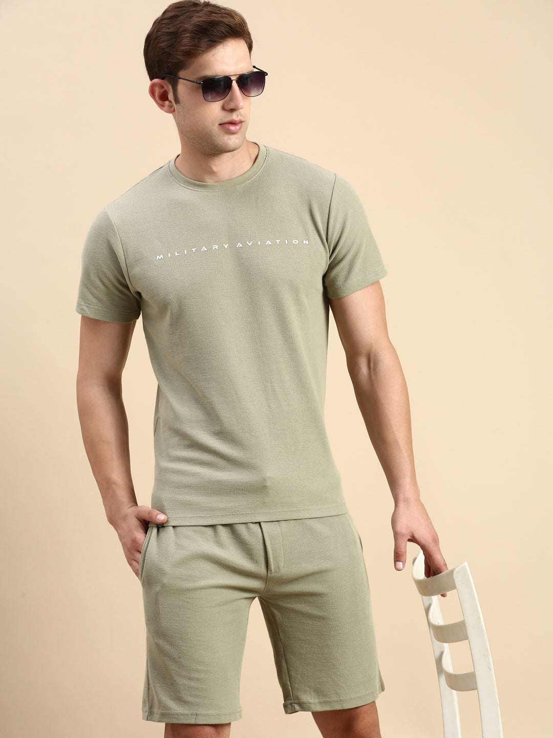 Men Round Neck Solid Olive Co-Ords Set