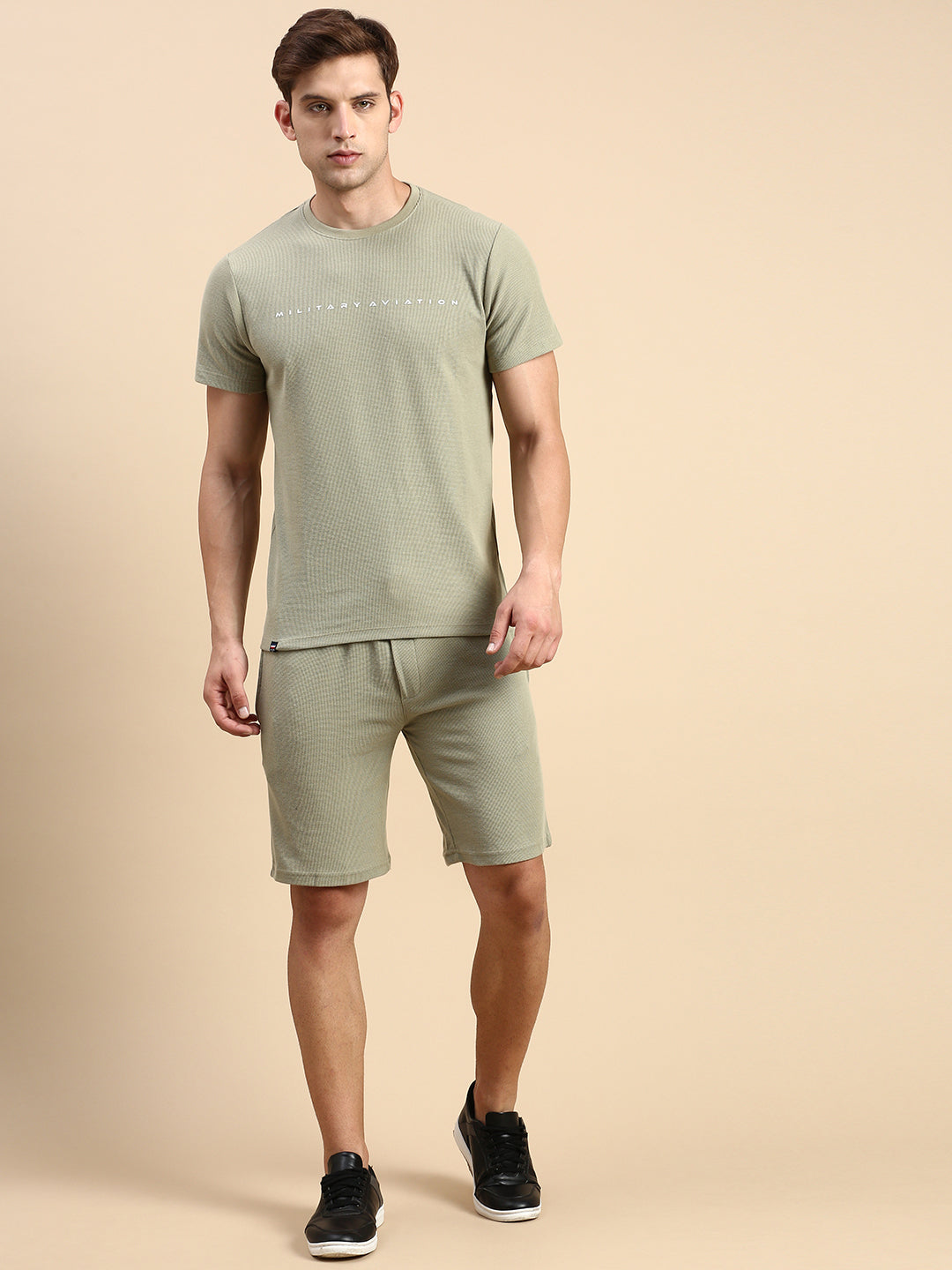 Men Round Neck Solid Olive Co-Ords Set