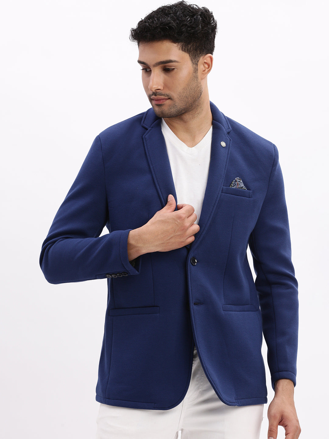 Men Solid Navy Blue Single Breasted Blazer