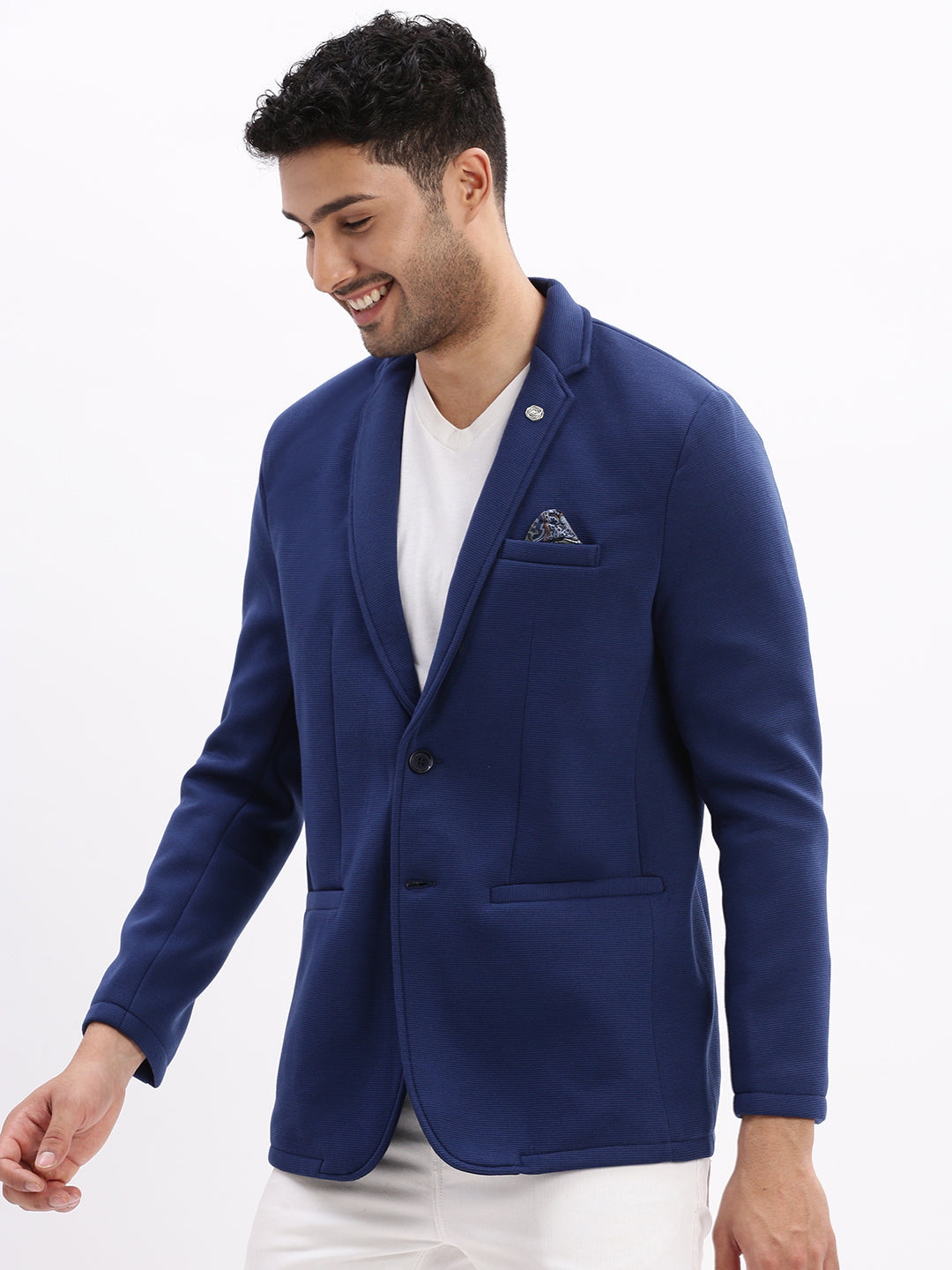 Men Solid Navy Blue Single Breasted Blazer