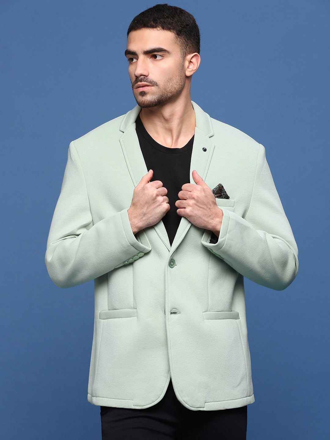 Men Sea Green Slim Fit Single Breasted Blazer