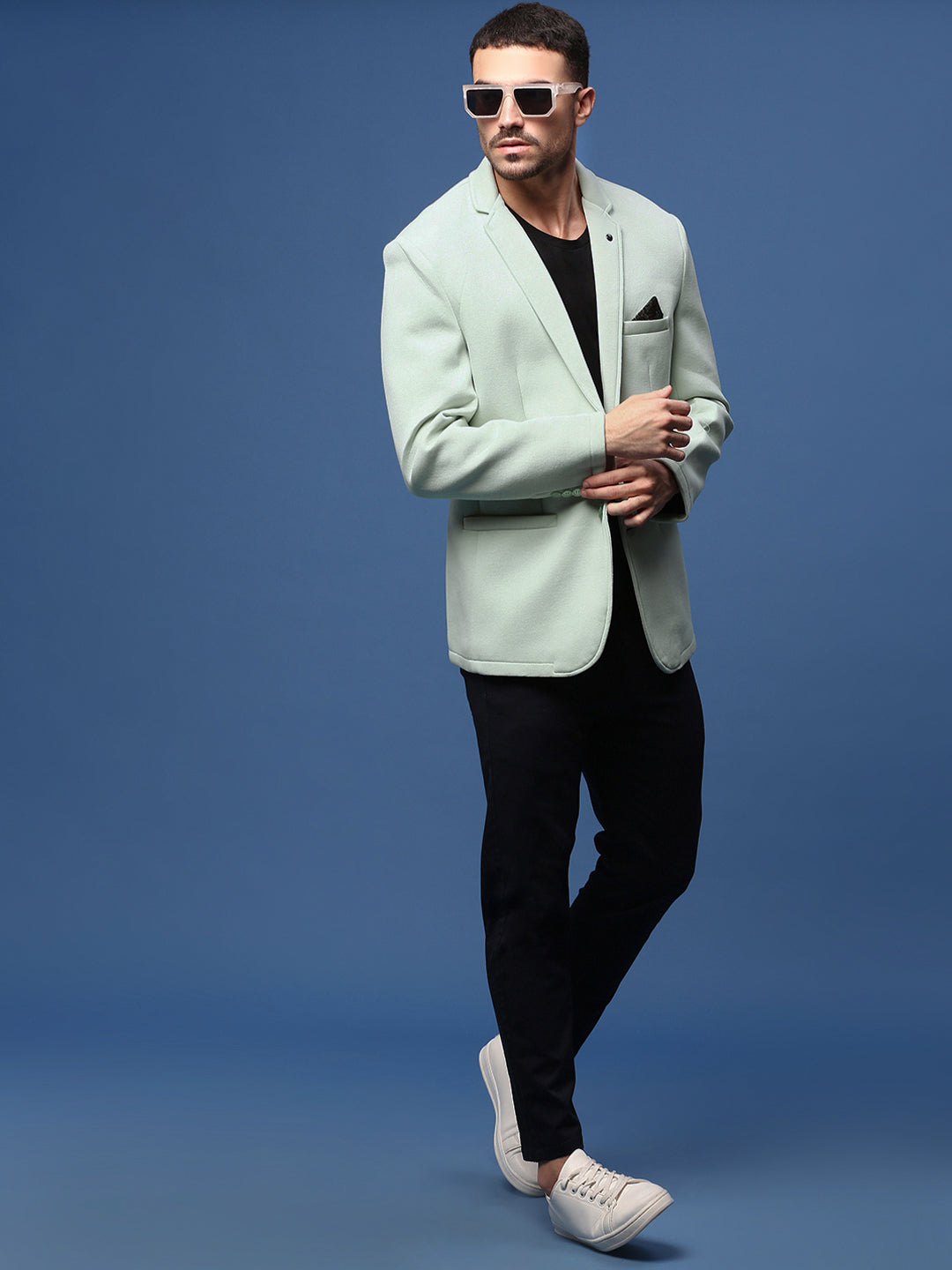 Men Sea Green Slim Fit Single Breasted Blazer