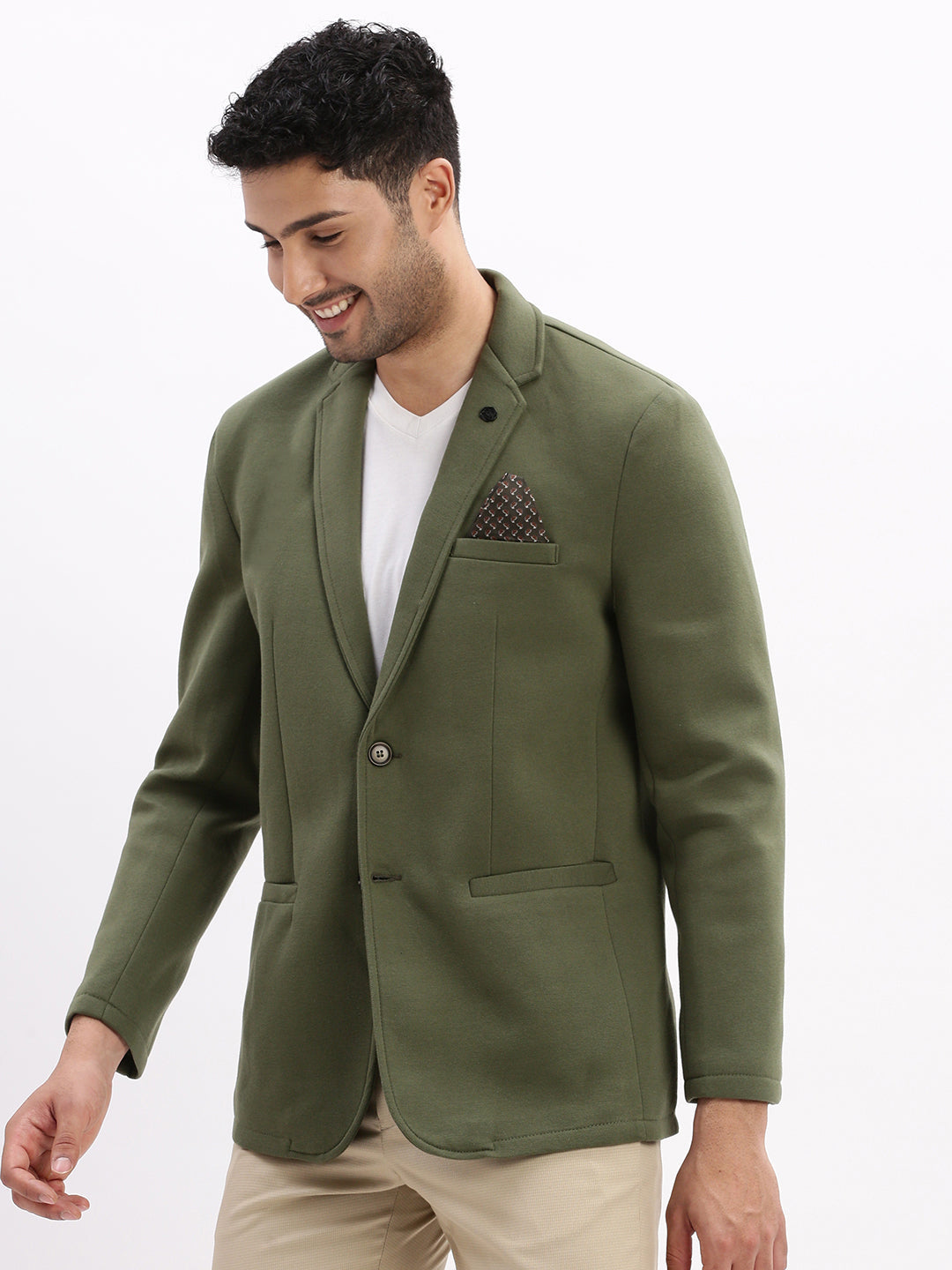 Men Solid Green Single Breasted Blazer