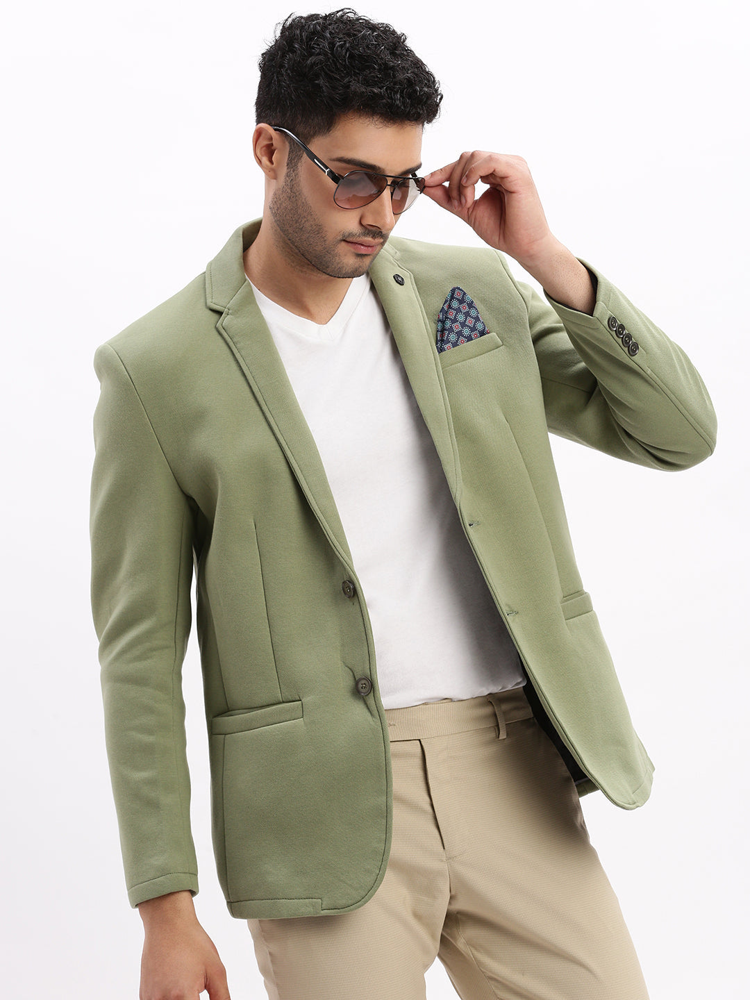 Men Solid Green Single Breasted Blazer