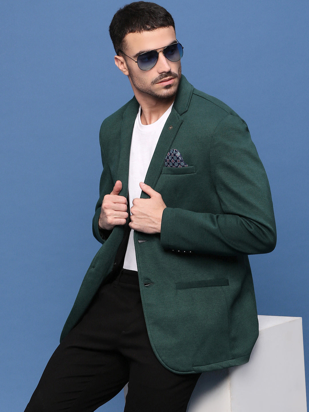 Men Green Slim Fit Single Breasted Blazer