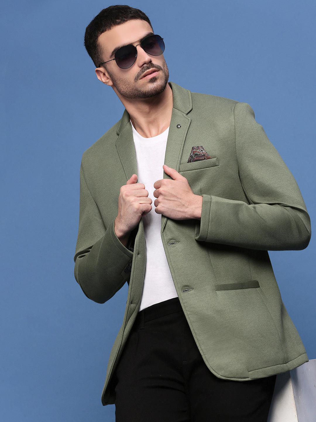 Men Green Slim Fit Single Breasted Blazer