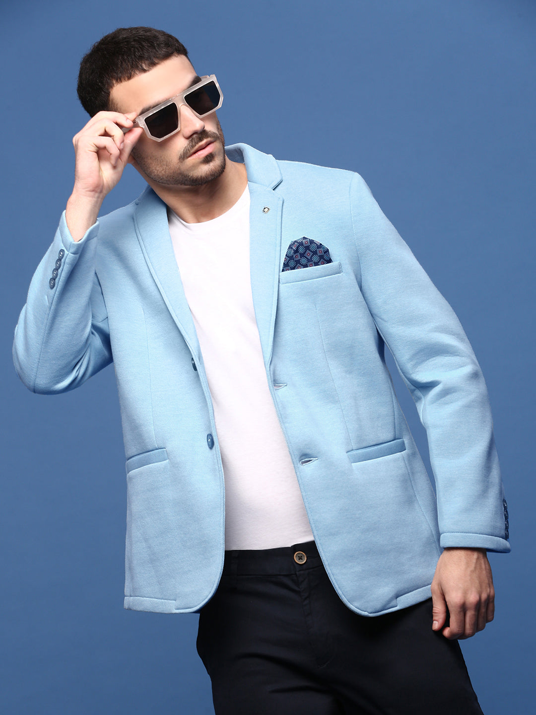 Men Blue Slim Fit Single Breasted Blazer