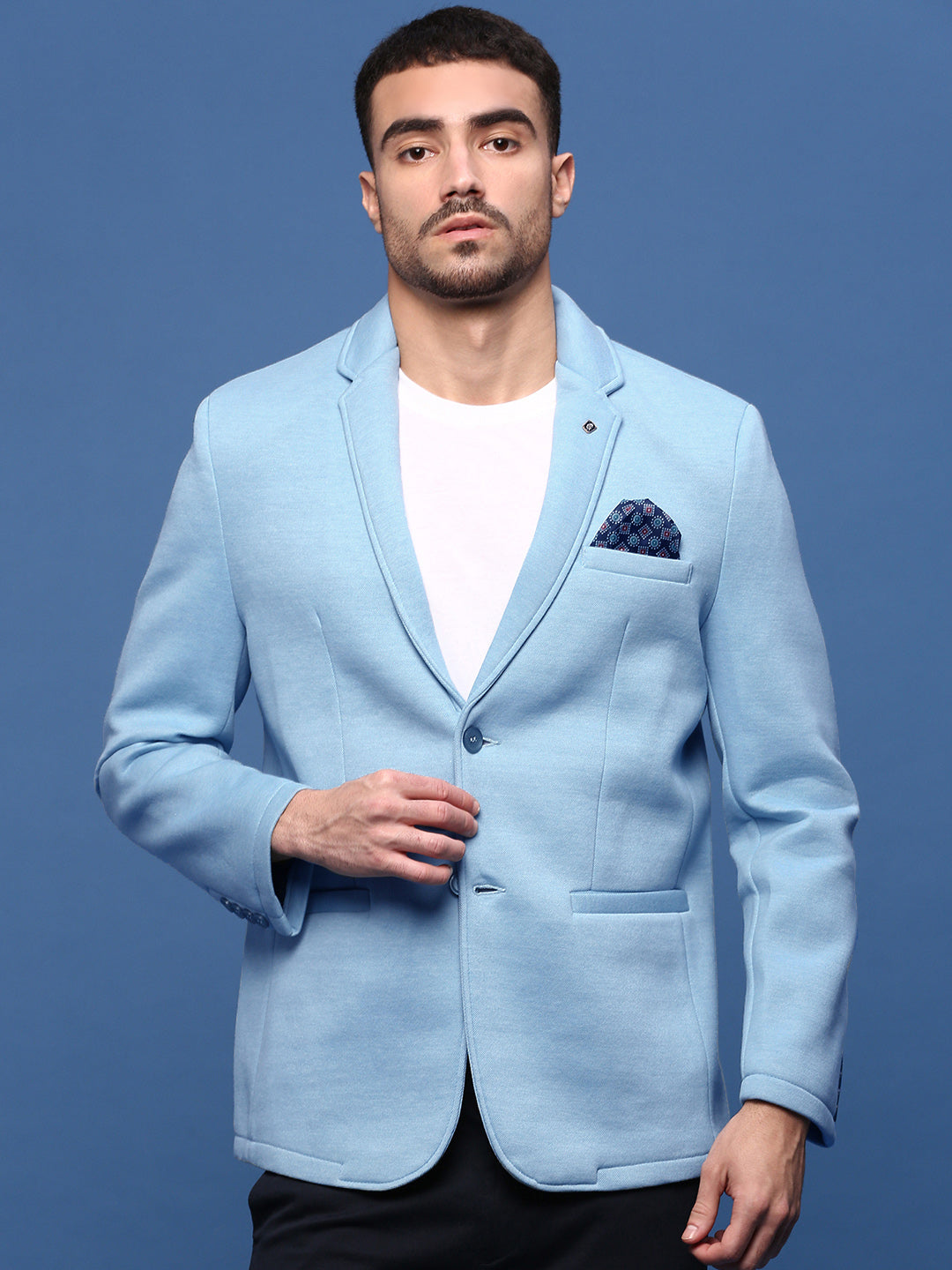 Men Blue Slim Fit Single Breasted Blazer