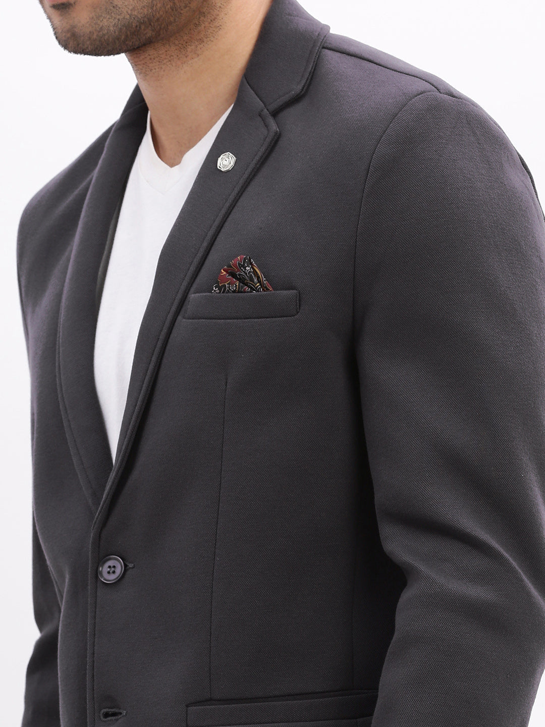 Men Solid Charcoal Single Breasted Blazer
