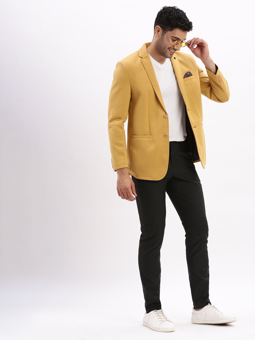 Men Solid Mustard Single Breasted Blazer