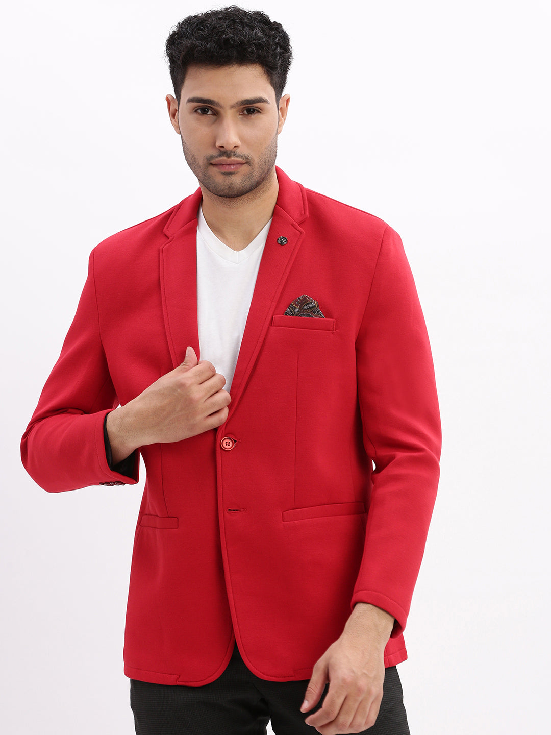 Men Solid Red Single Breasted Blazer