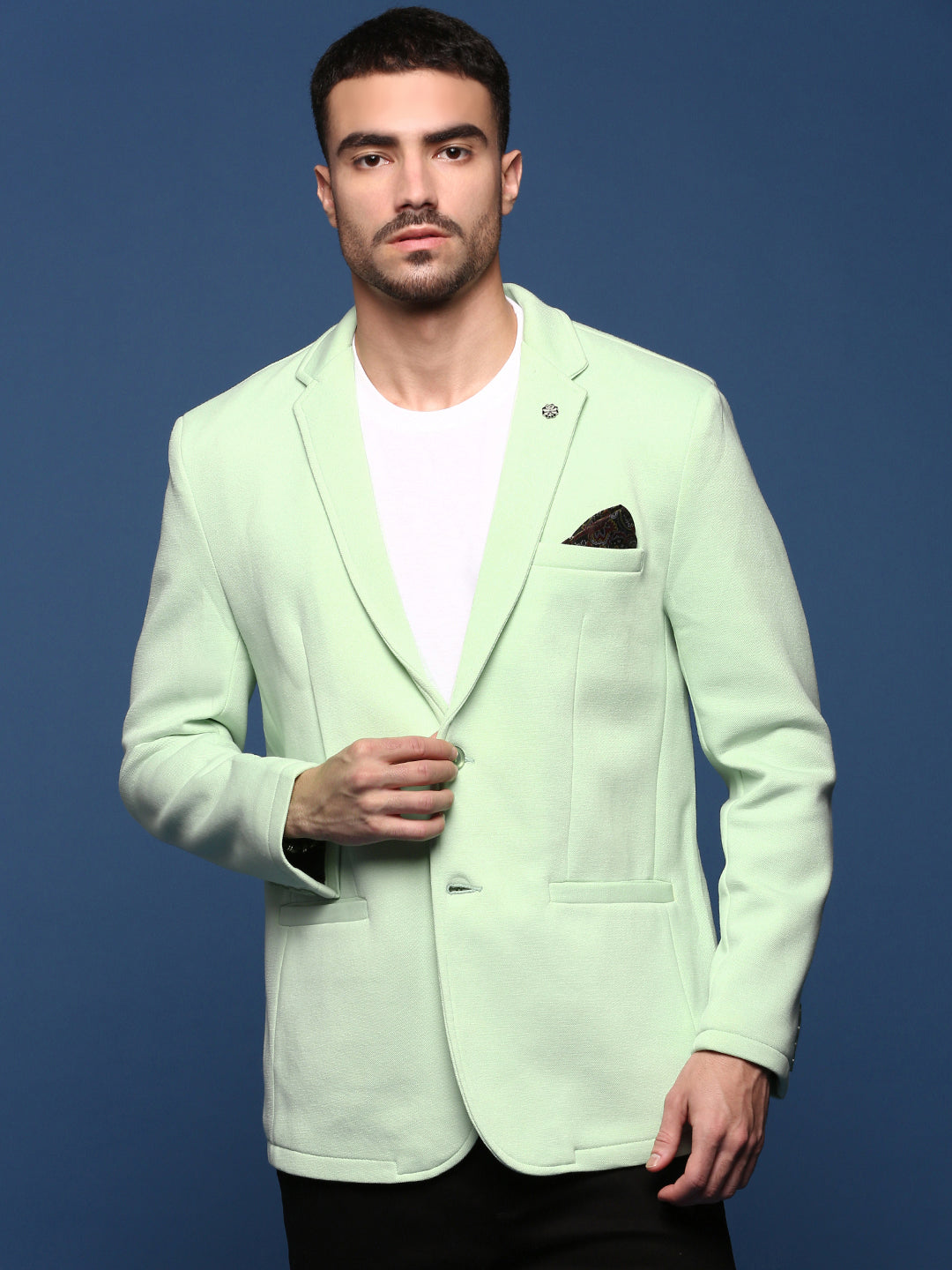 Men Sea Green Slim Fit Single Breasted Blazer