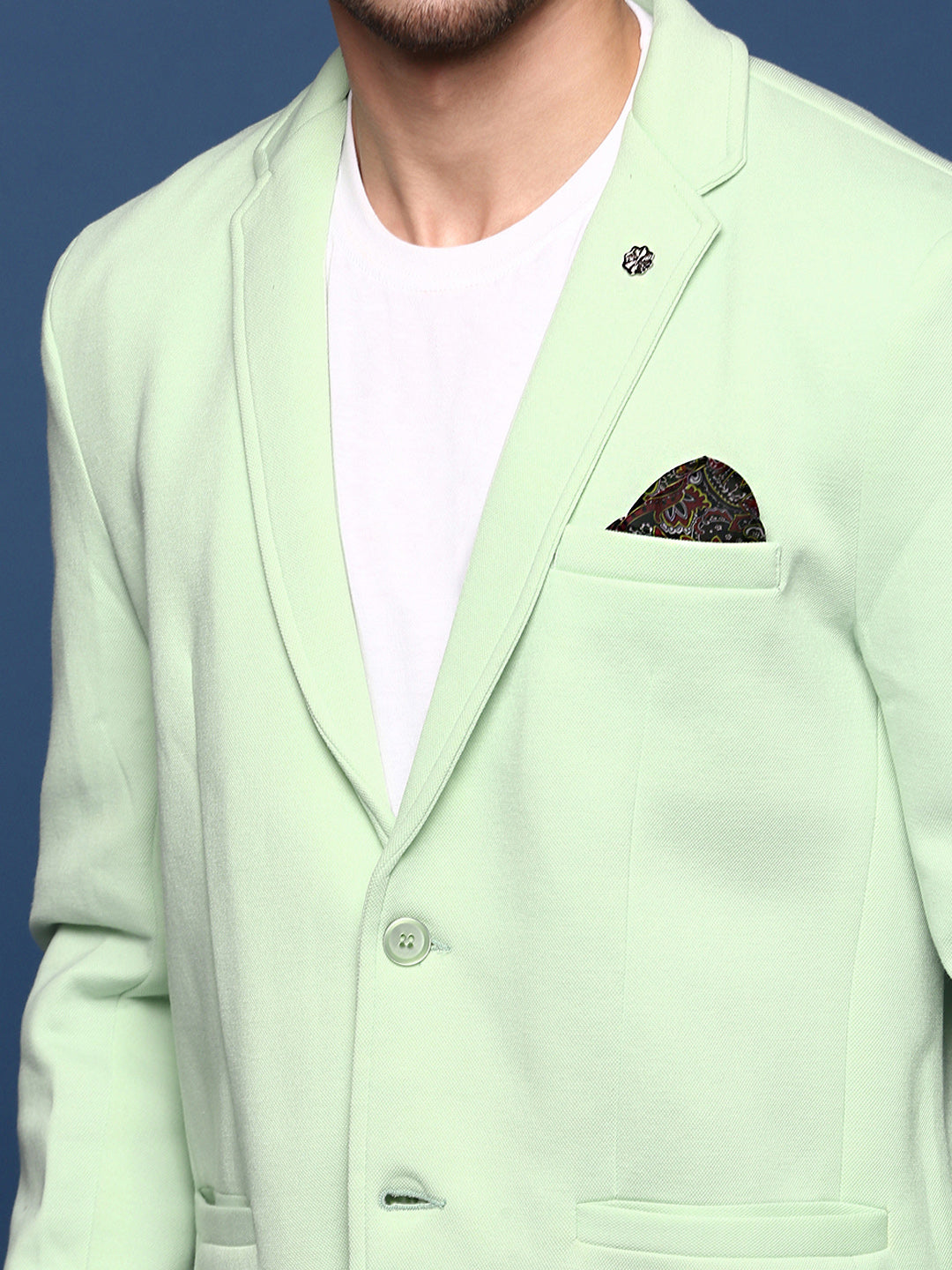 Men Sea Green Slim Fit Single Breasted Blazer