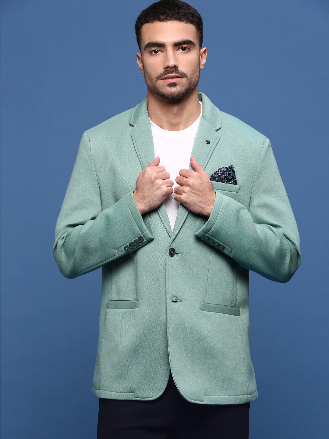 Men Turquoise Blue Slim Fit Single Breasted Blazer