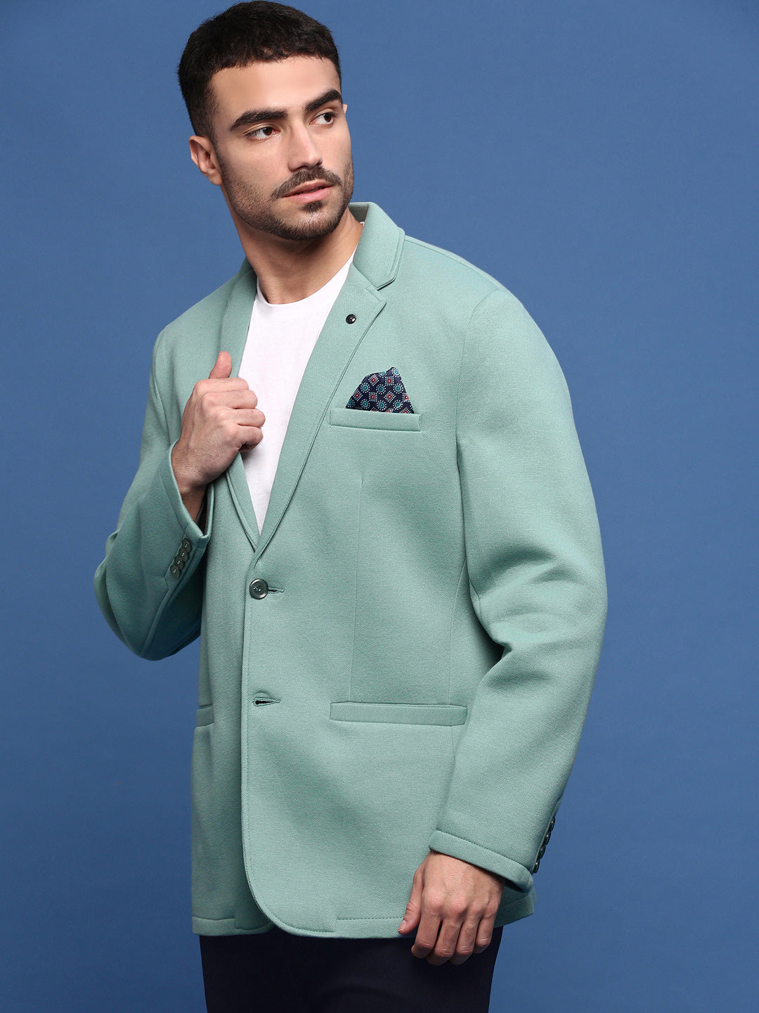 Men Turquoise Blue Slim Fit Single Breasted Blazer