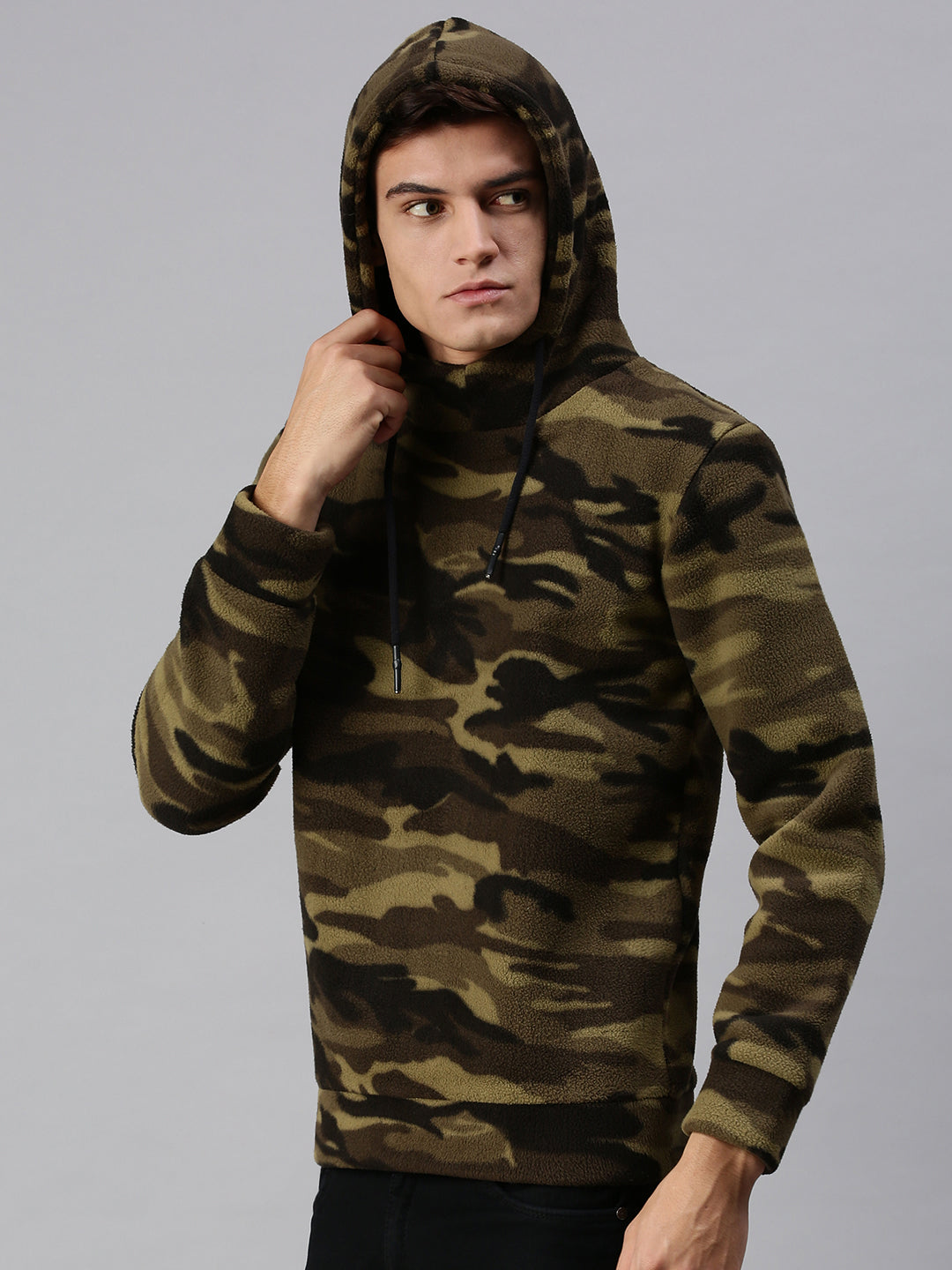 Men Hooded Camouflage Green Pullover
