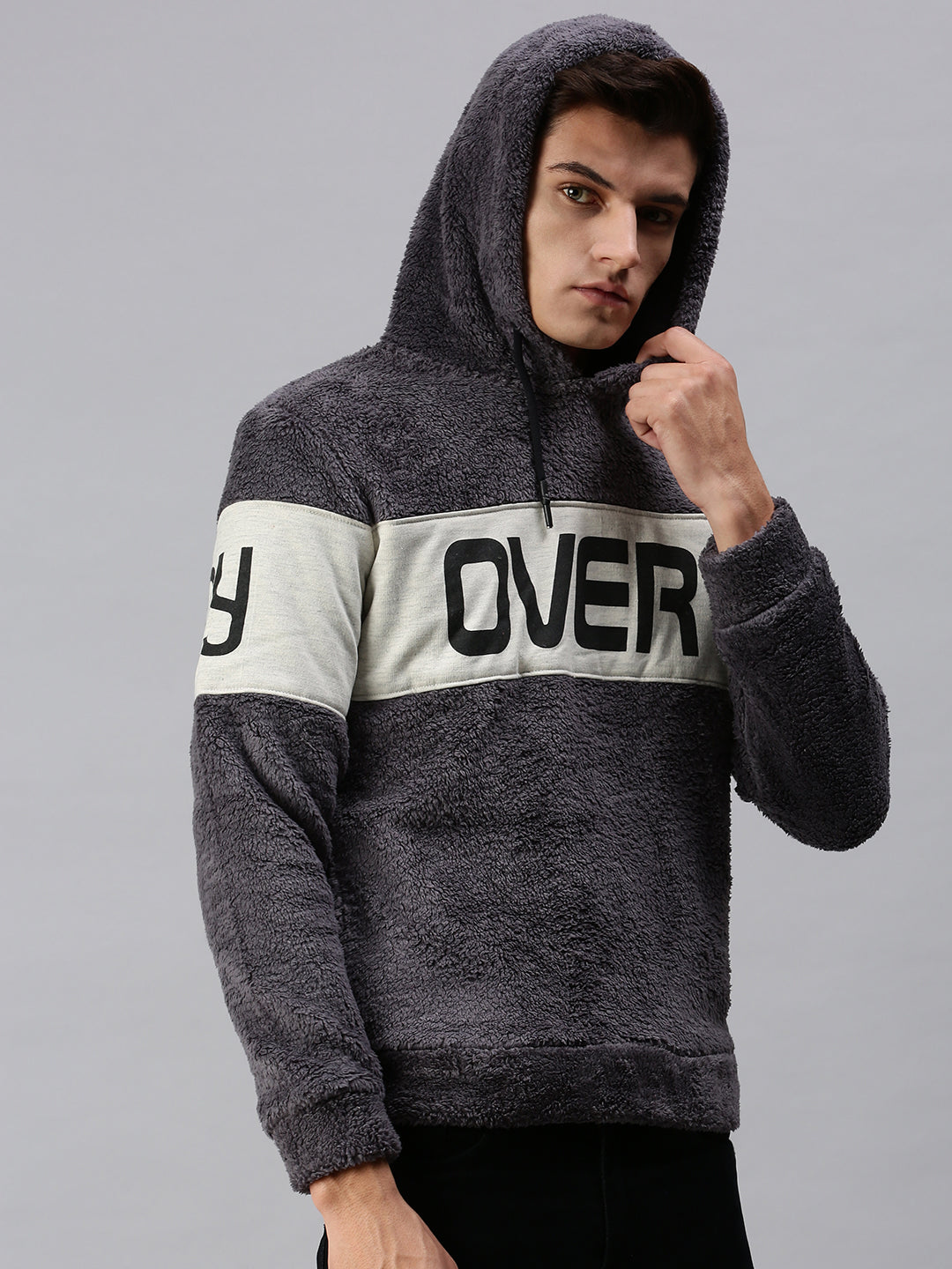 Men Hooded Graphic Print Grey Sweatshirt