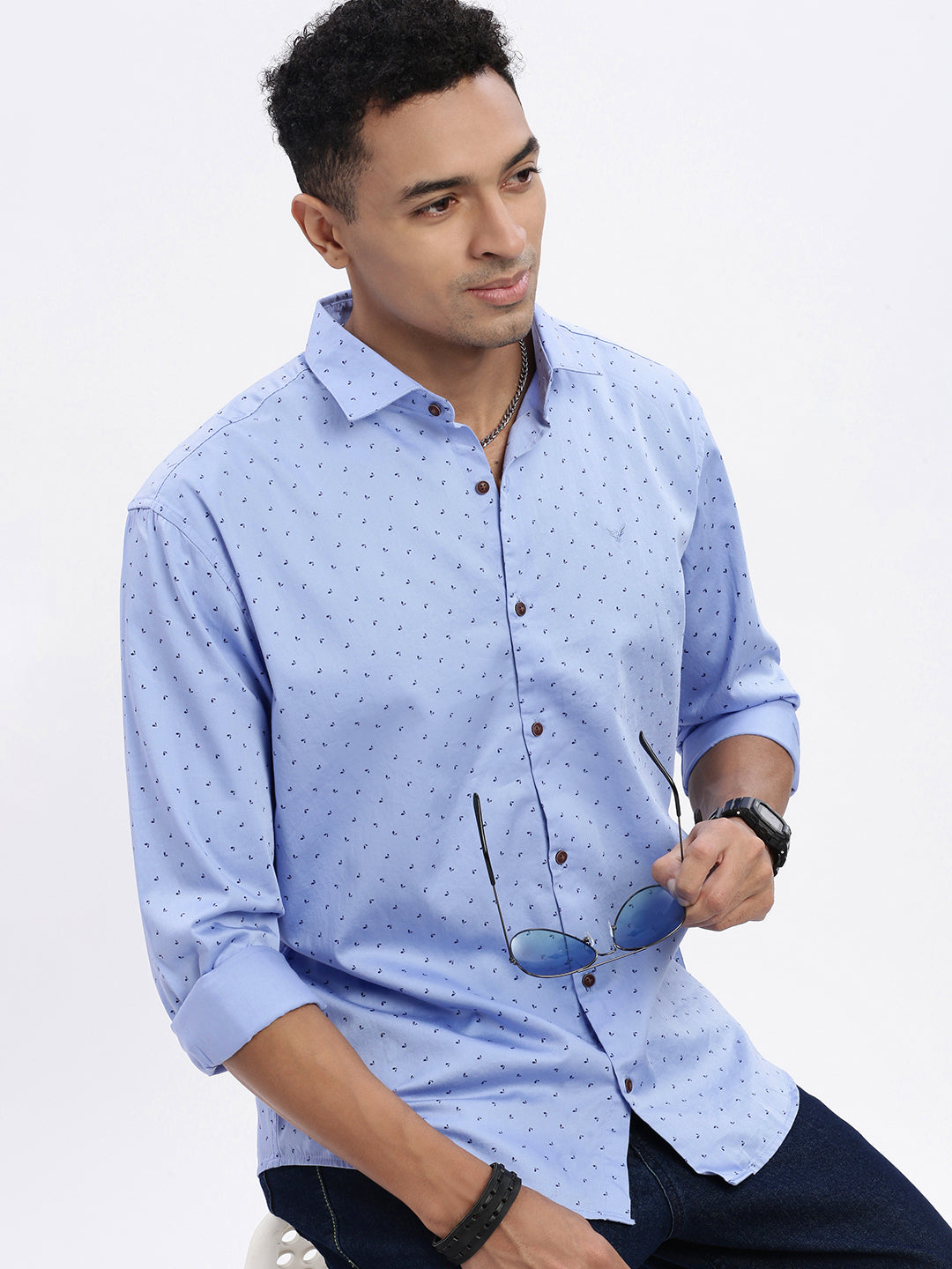 Men Blue Micro Print Slim Fit Shirt