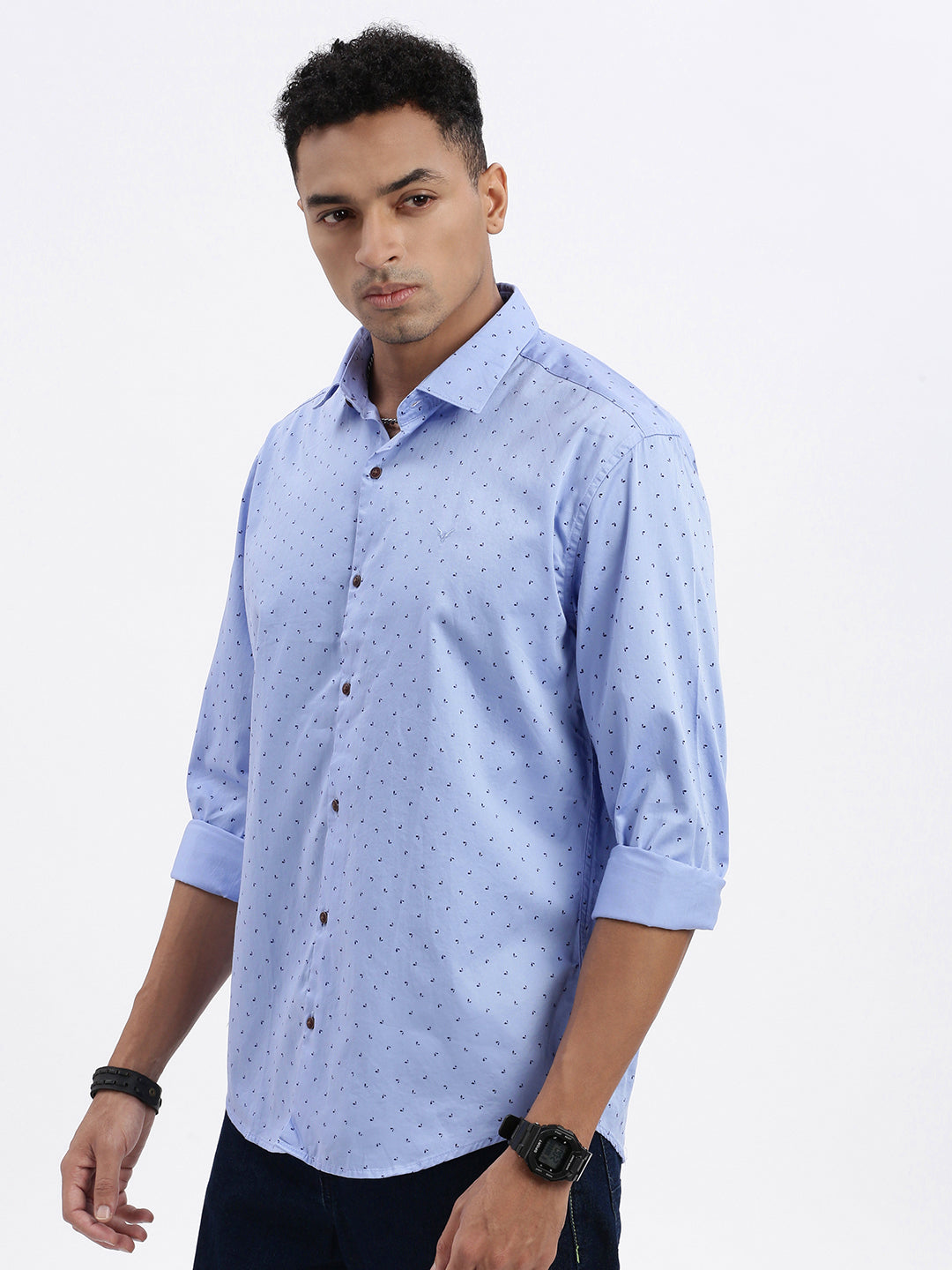 Men Blue Micro Print Slim Fit Shirt