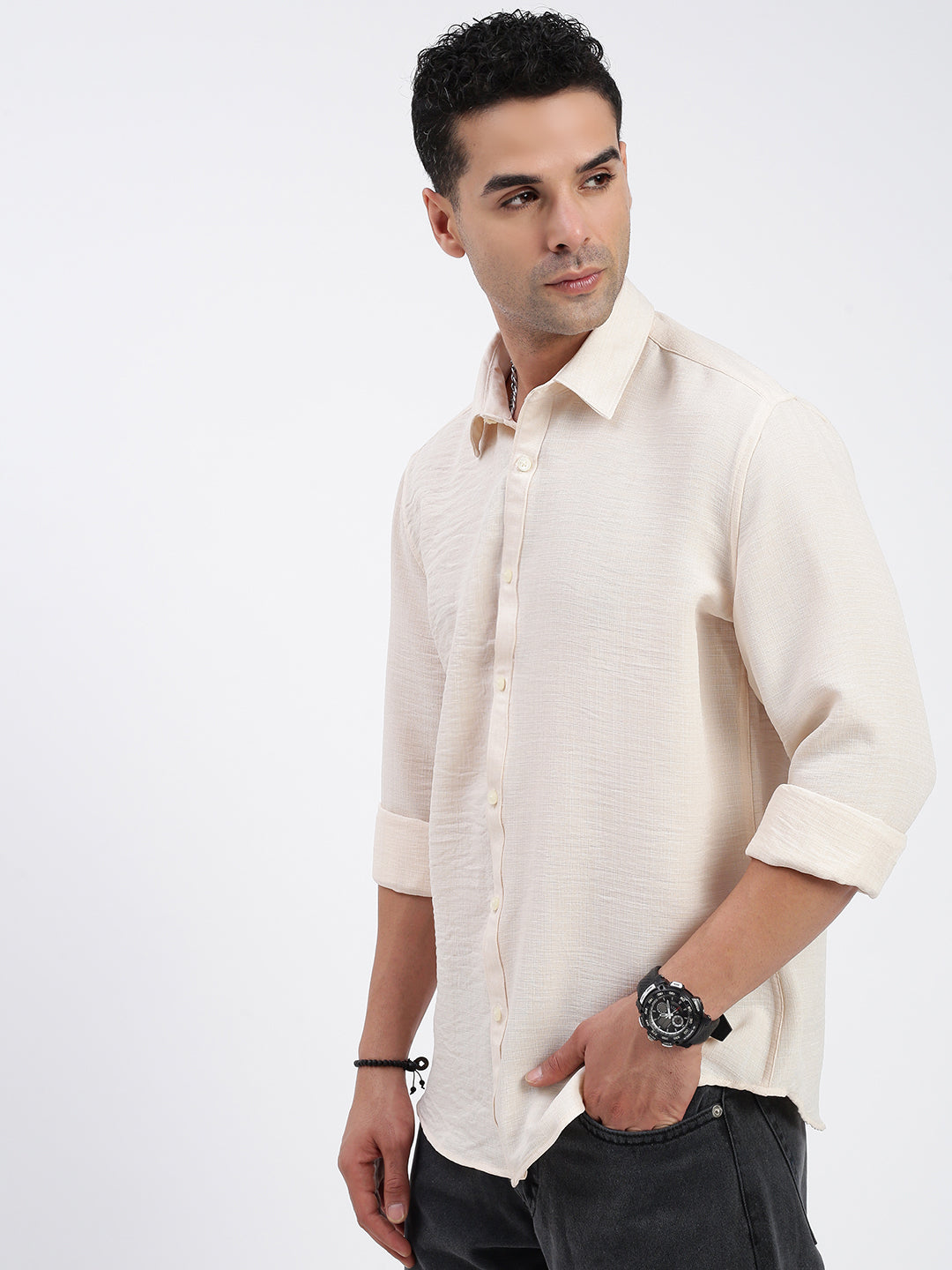 Men Solid Cream Slim Fit Shirt