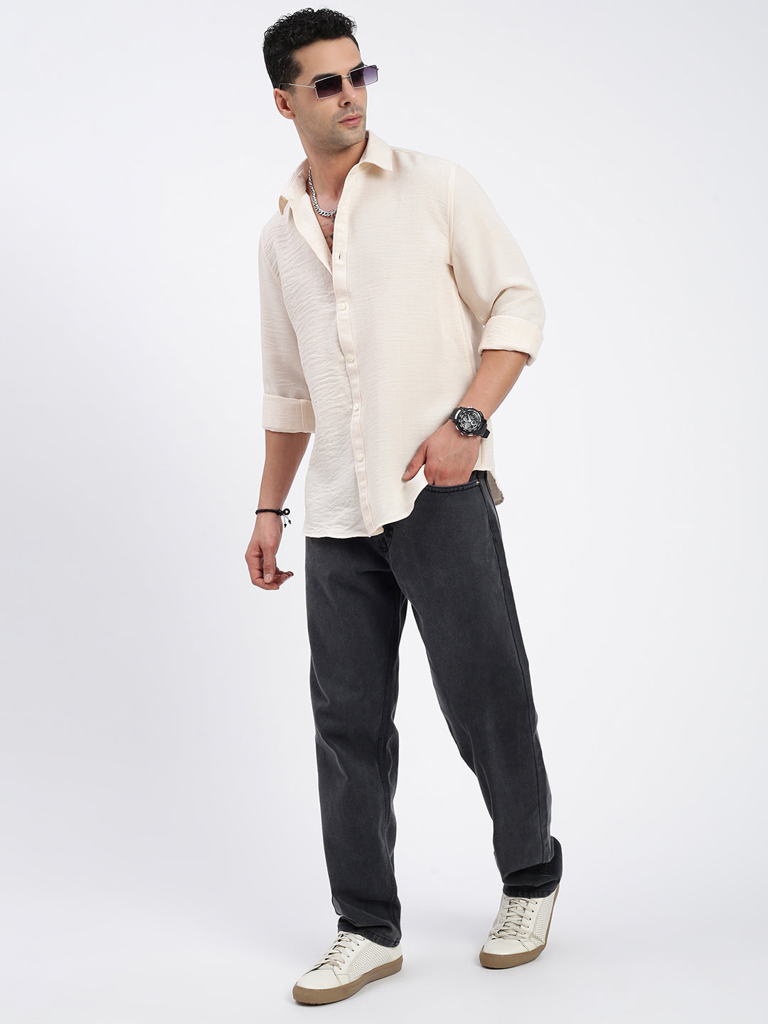 Men Solid Cream Slim Fit Shirt