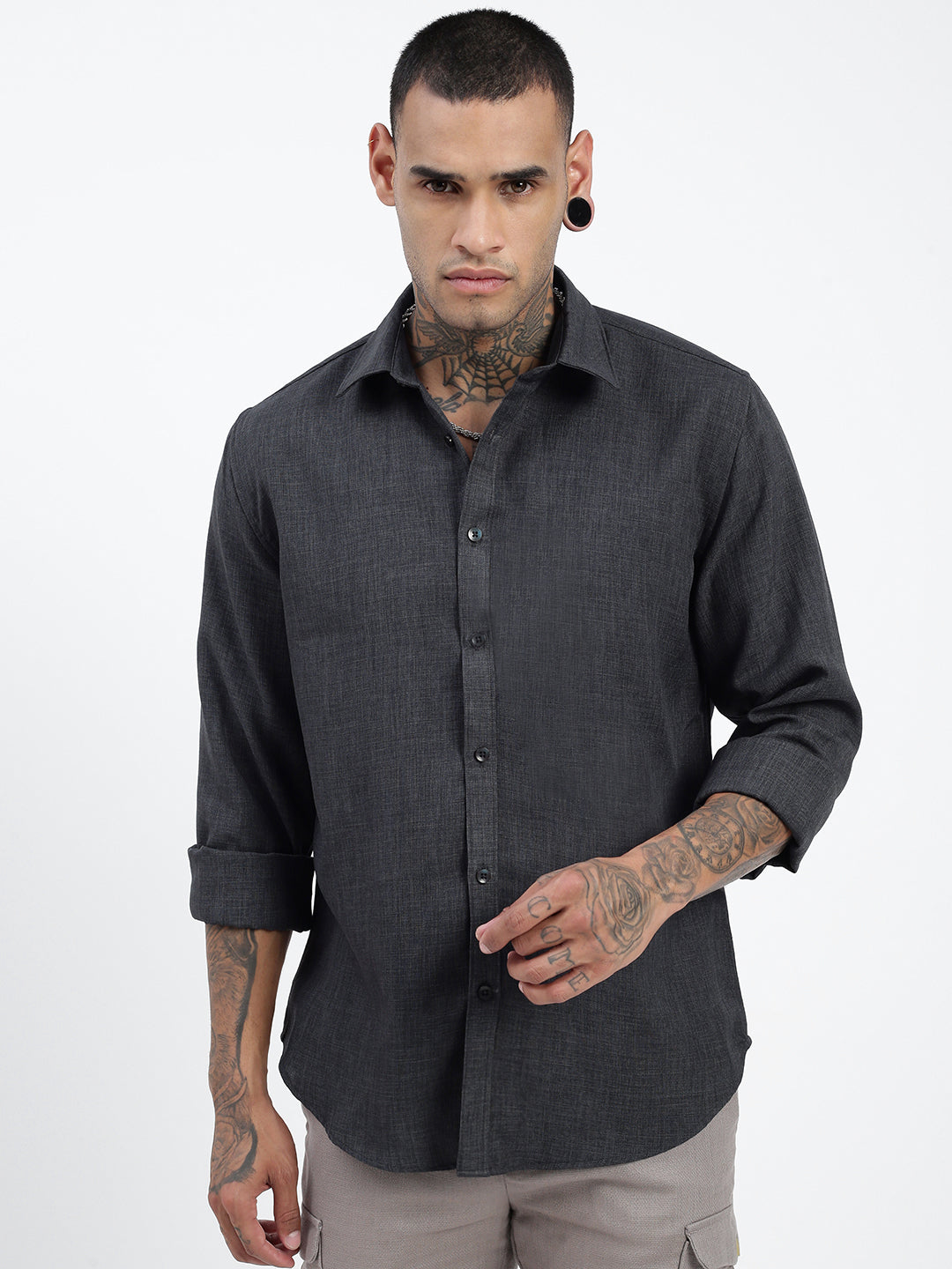 Men Solid Grey Slim Fit Shirt