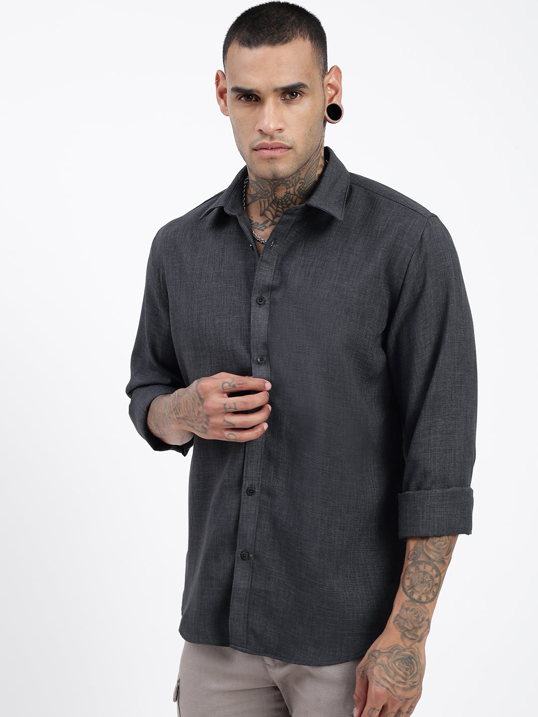 Men Solid Grey Slim Fit Shirt