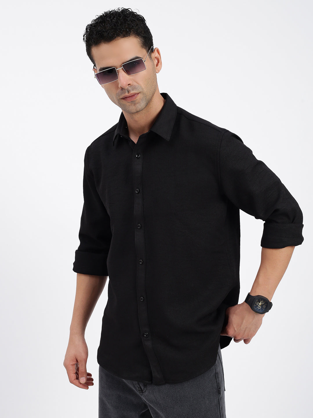 Men Solid Black Slim Fit Shirt