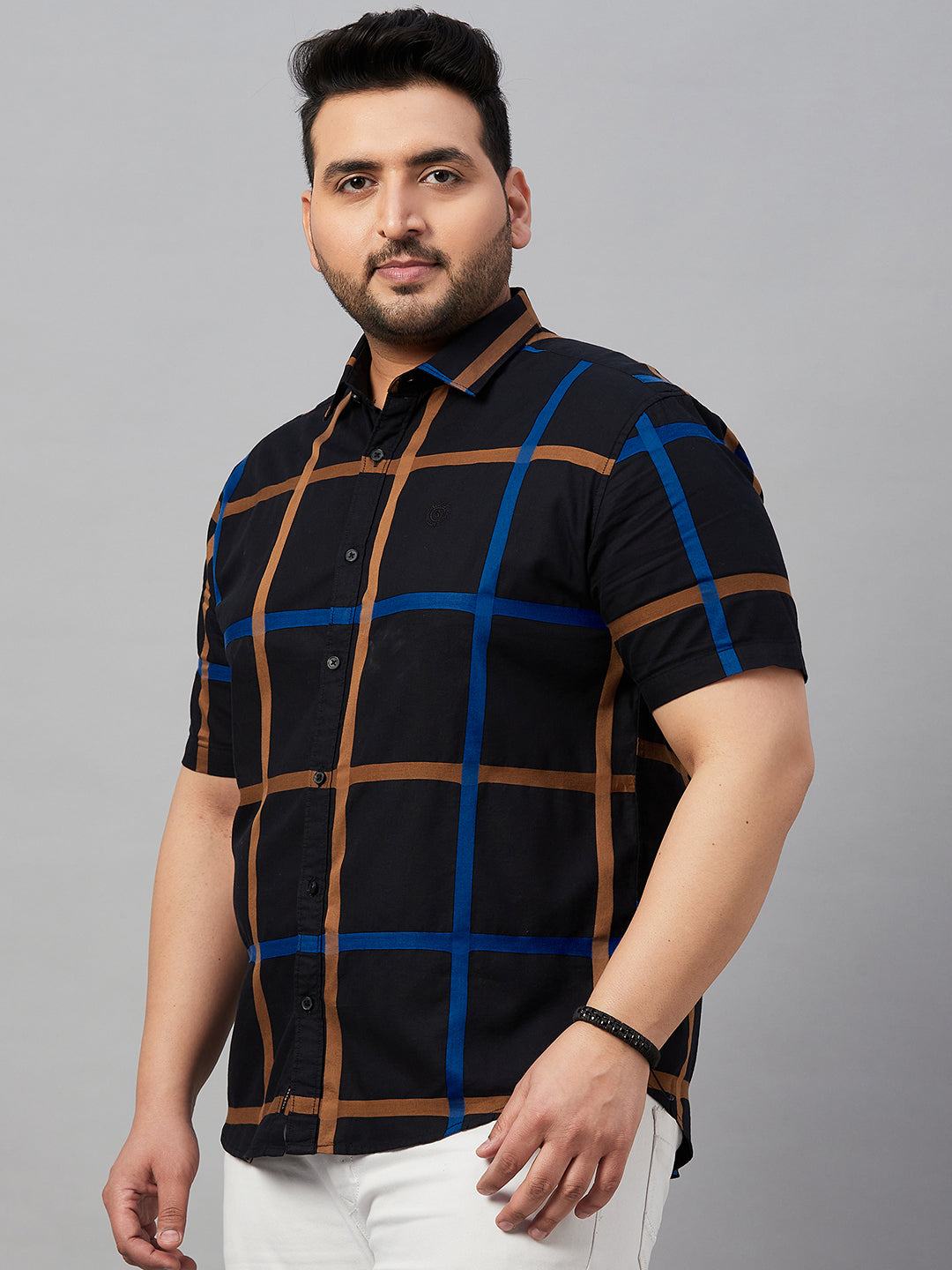 Men Spread Collar Checked Black Shirt