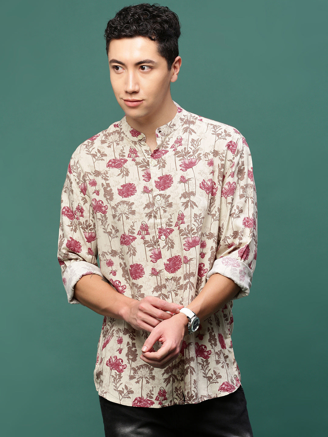 Men Cream Floral Slim Fit Shirt