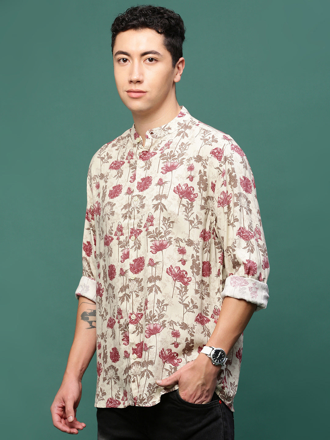 Men Cream Floral Slim Fit Shirt