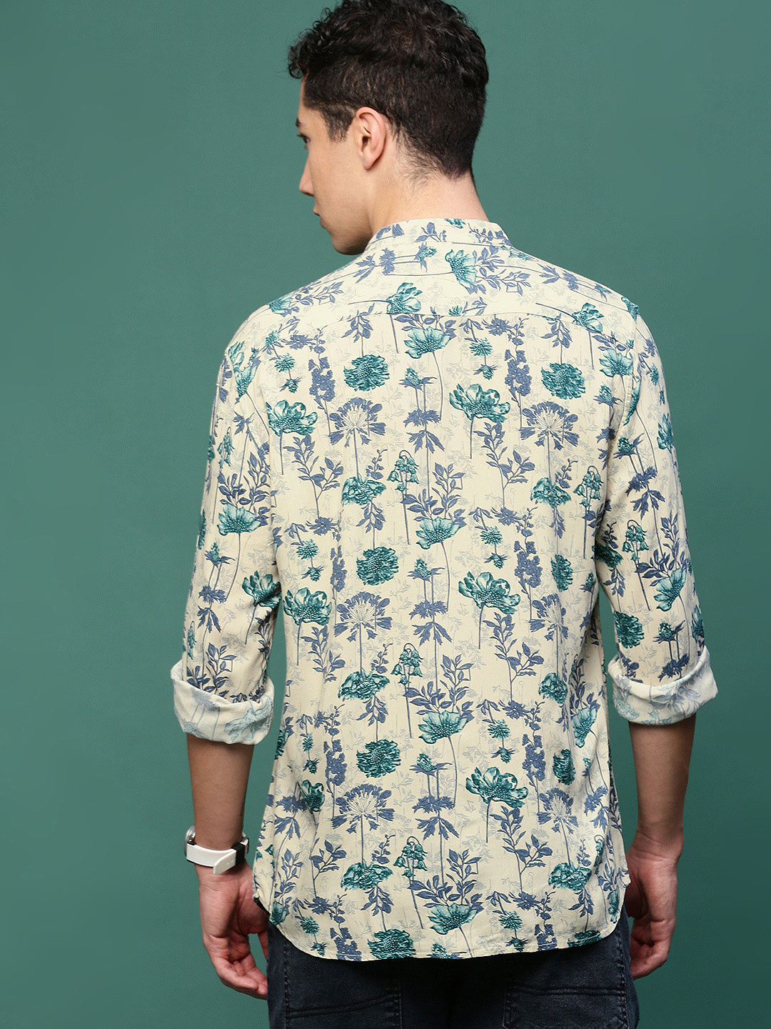 Men Cream Floral Slim Fit Shirt