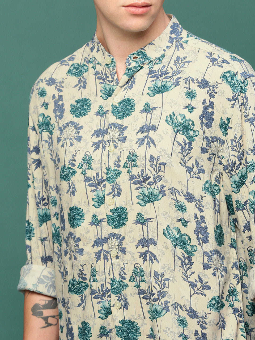 Men Cream Floral Slim Fit Shirt