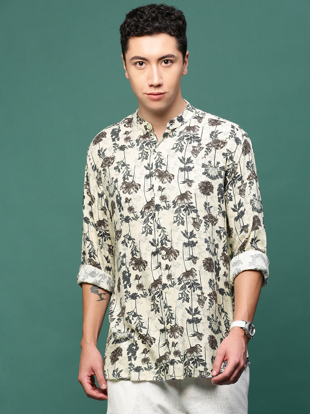 Men Cream Floral Slim Fit Shirt