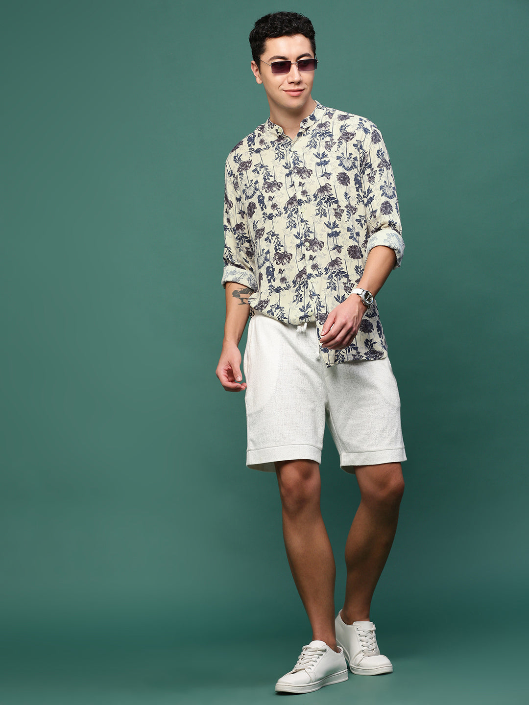 Men Cream Floral Slim Fit Shirt