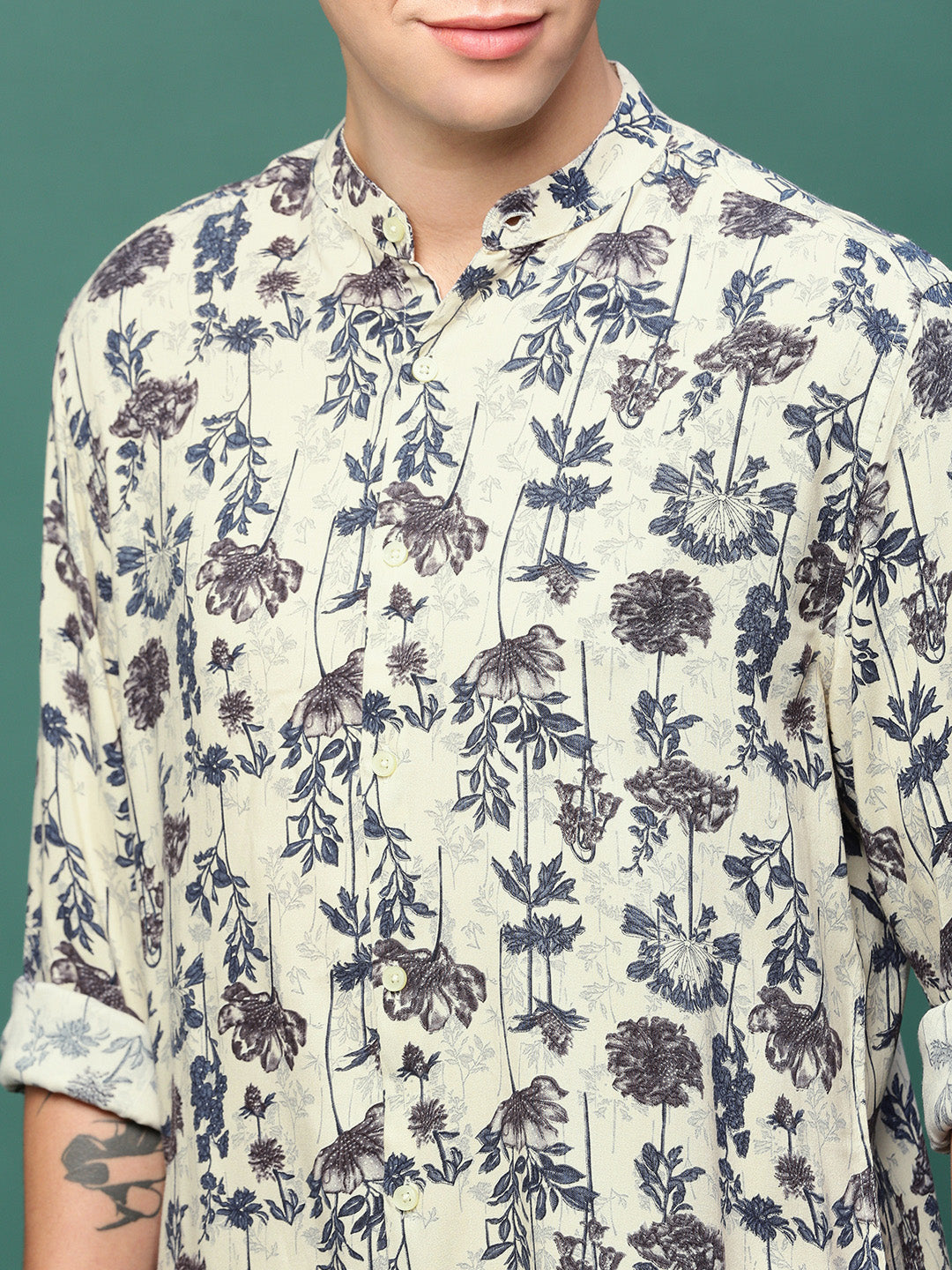 Men Cream Floral Slim Fit Shirt