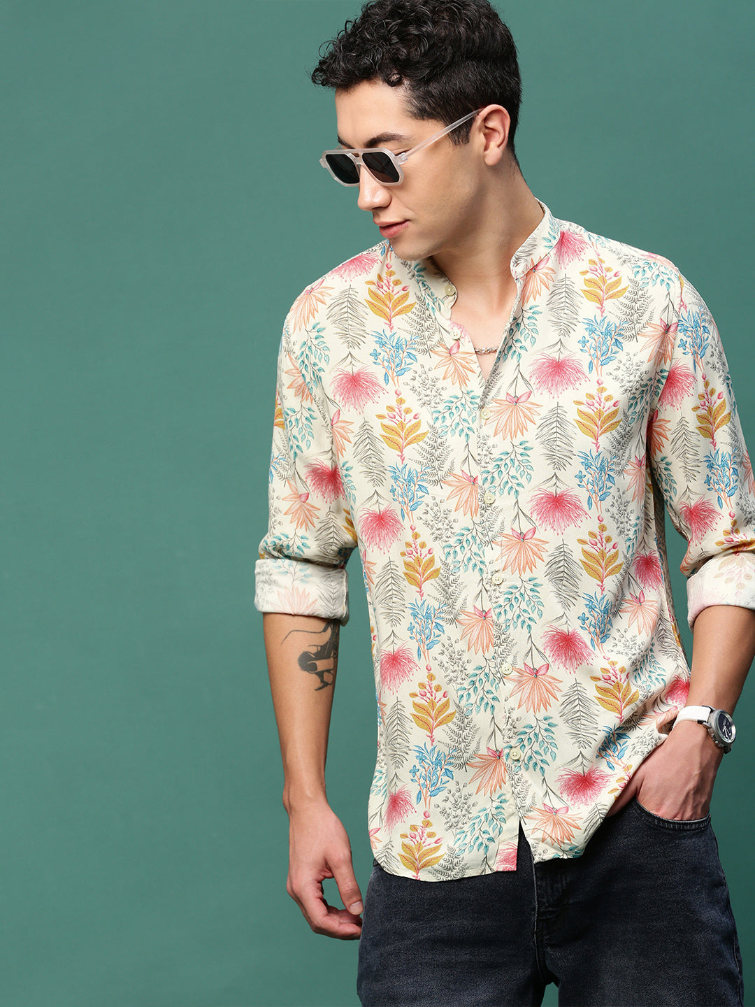 Men Cream Floral Slim Fit Shirt