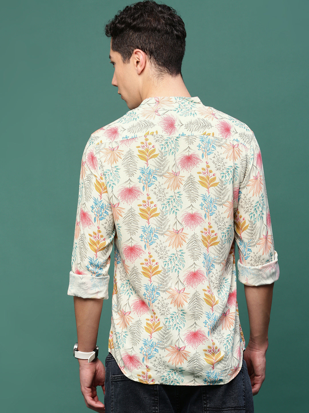 Men Cream Floral Slim Fit Shirt